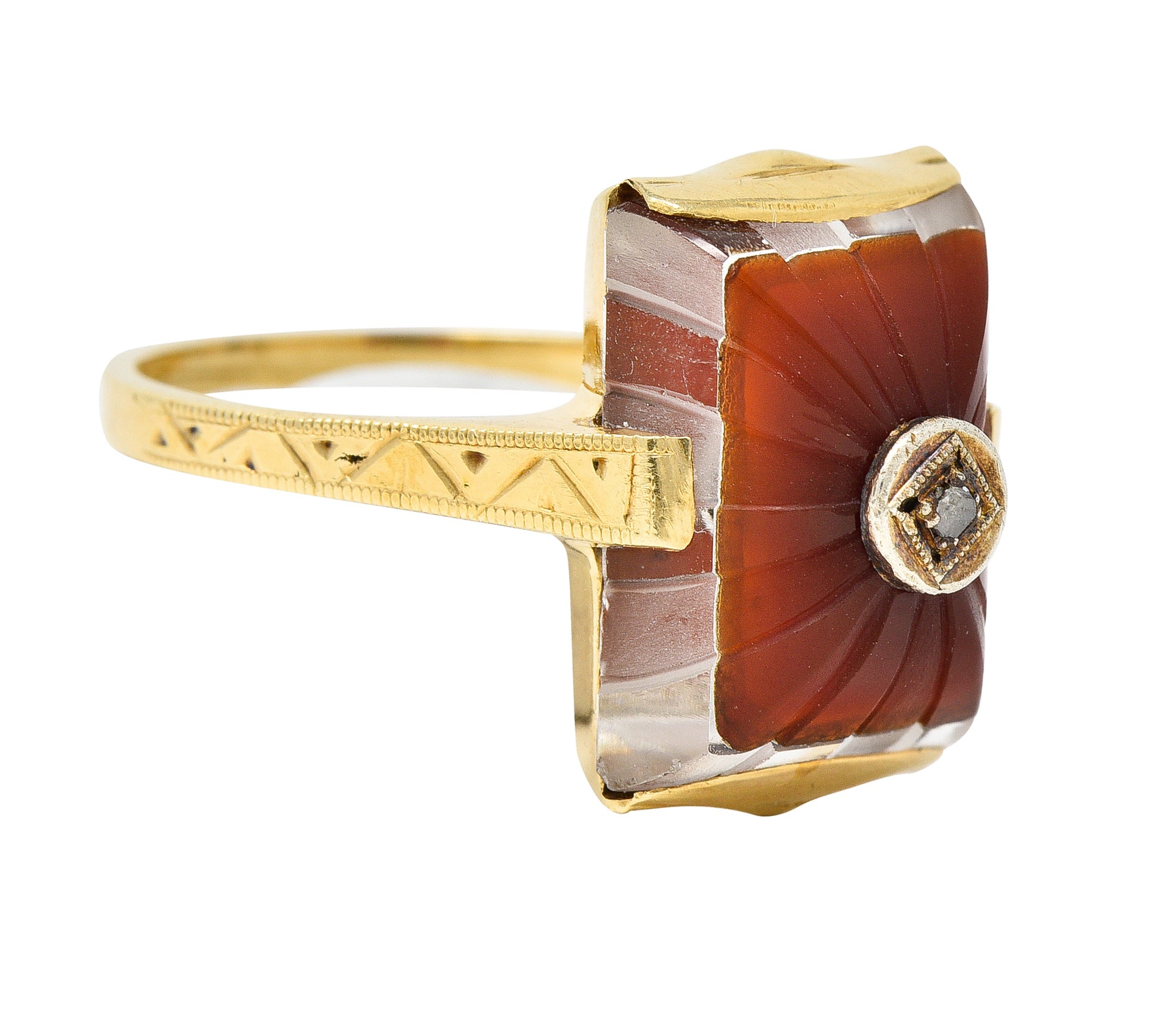 Art Deco Carved Carnelian Quartz Crystal Diamond 14 Karat Yellow Gold Vintage Gemstone Ring Wilson's Estate Jewelry