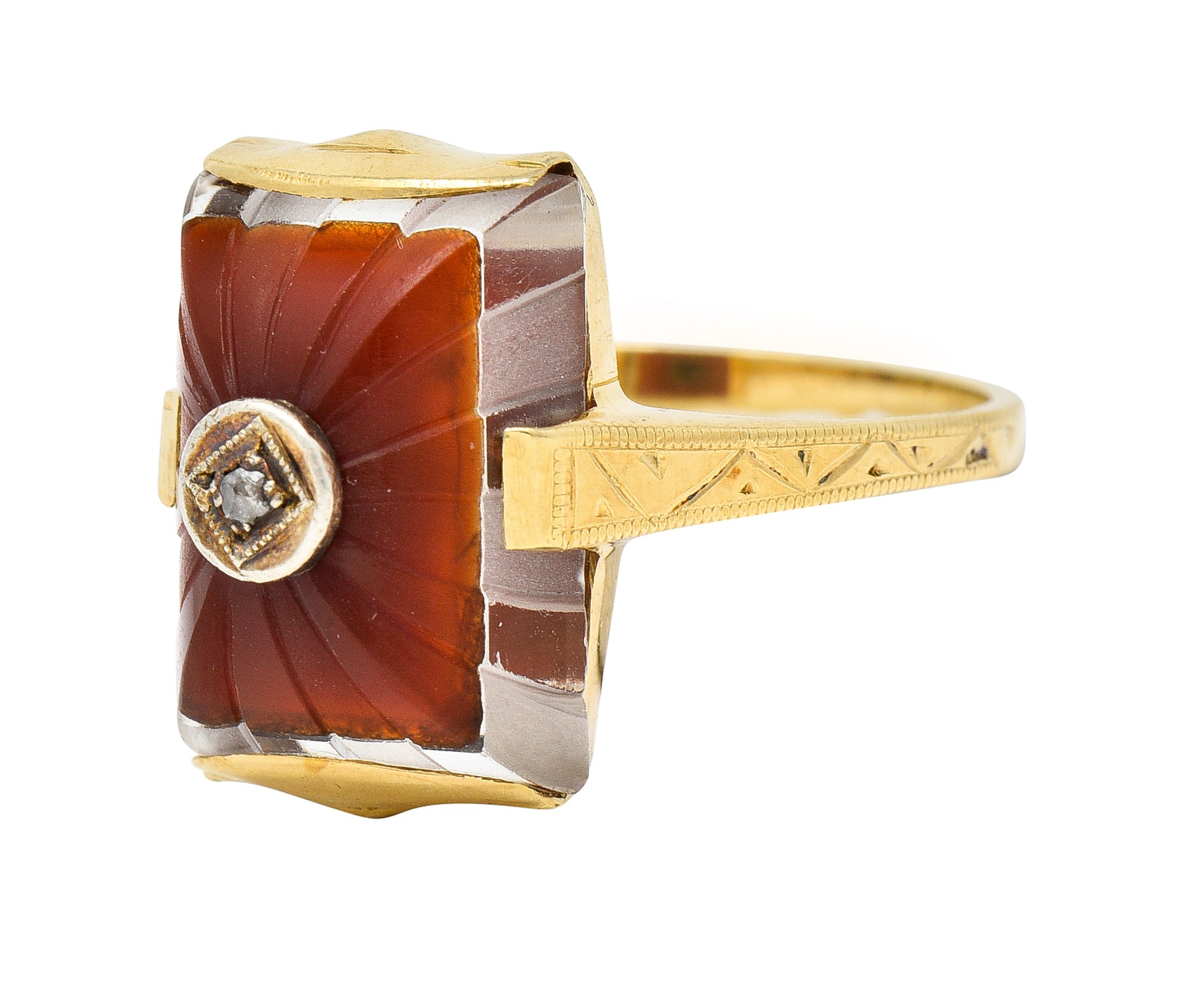 Art Deco Carved Carnelian Quartz Crystal Diamond 14 Karat Yellow Gold Vintage Gemstone Ring Wilson's Estate Jewelry