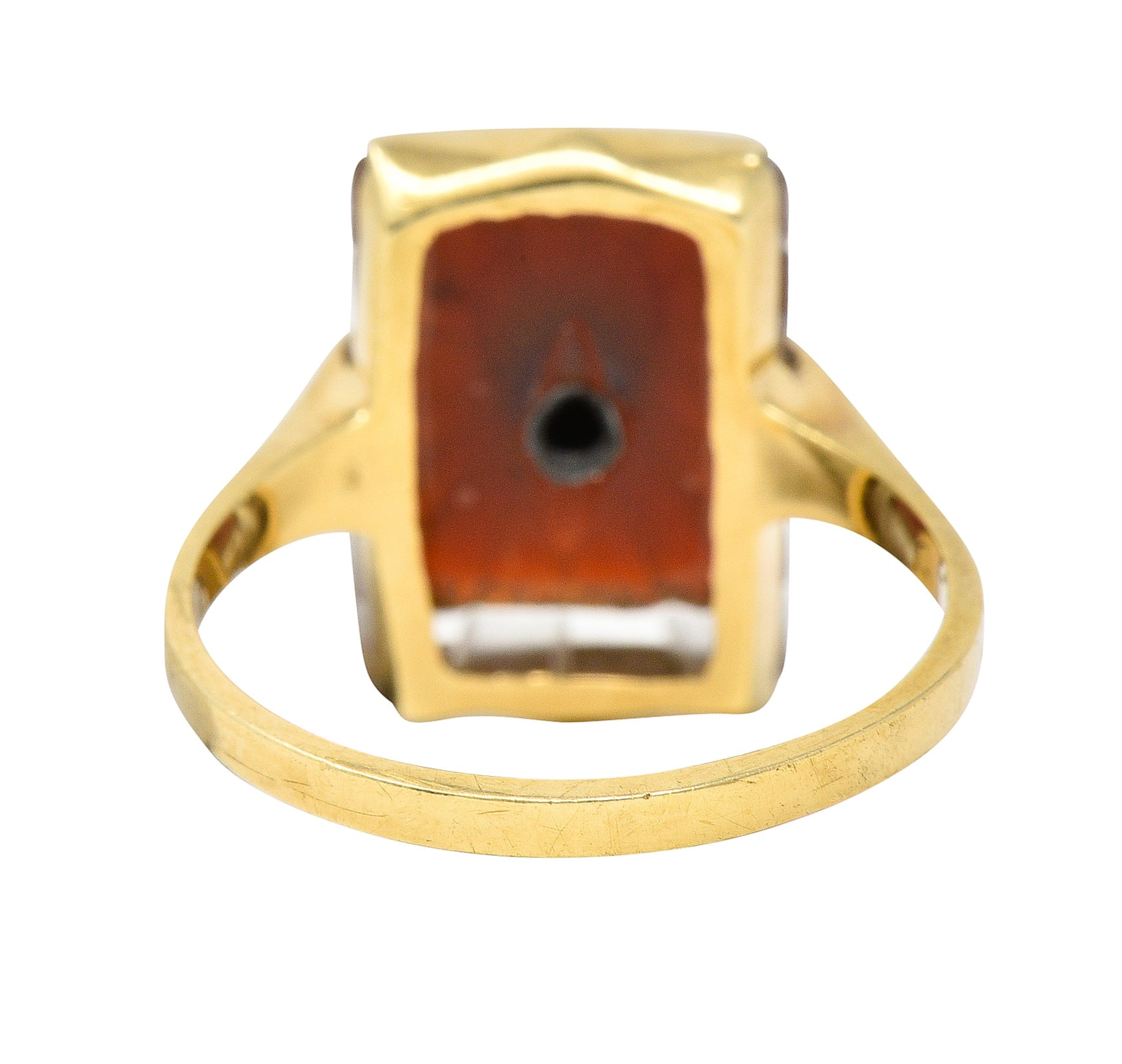 Art Deco Carved Carnelian Quartz Crystal Diamond 14 Karat Yellow Gold Vintage Gemstone Ring Wilson's Estate Jewelry