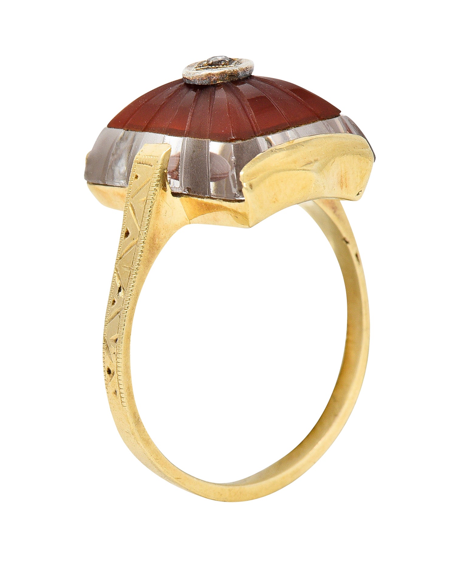 Art Deco Carved Carnelian Quartz Crystal Diamond 14 Karat Yellow Gold Vintage Gemstone Ring Wilson's Estate Jewelry