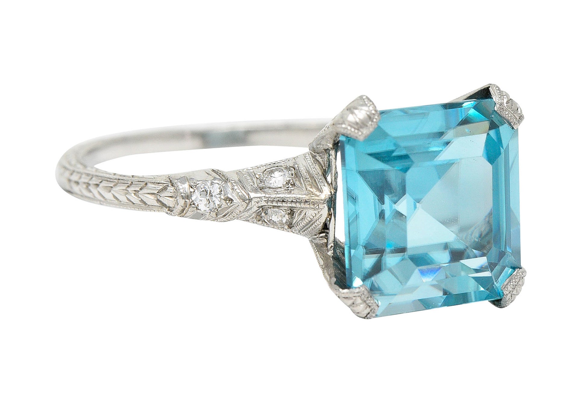 Art Deco Blue Zircon Diamond Platinum Wheat Gemstone RingRing - Wilson's Estate Jewelry