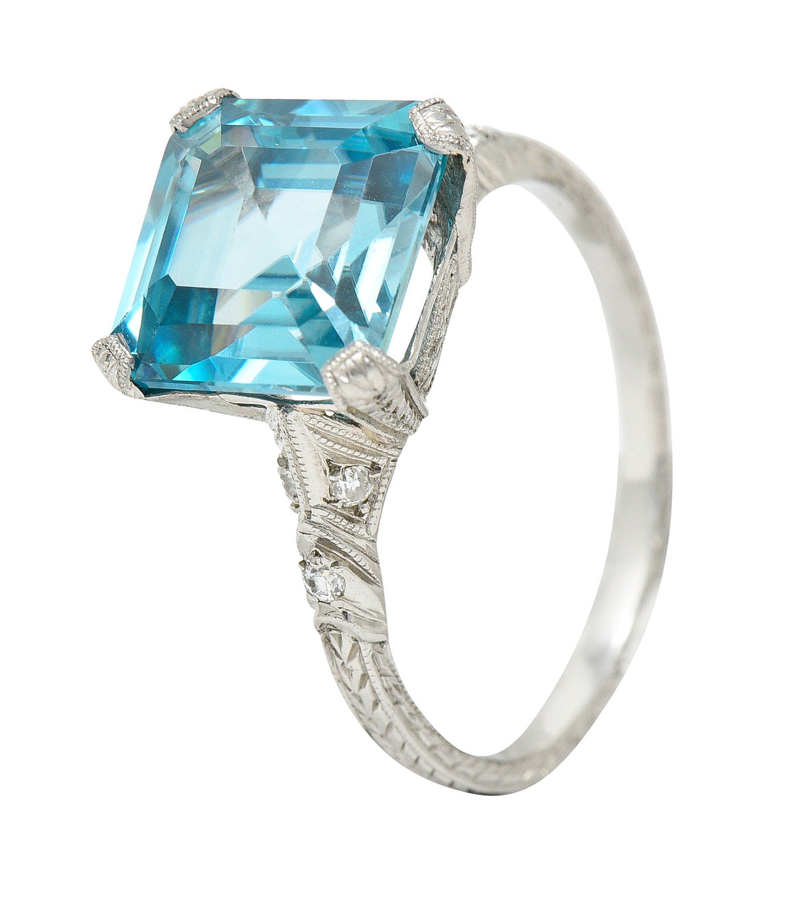 Art Deco Blue Zircon Diamond Platinum Wheat Gemstone RingRing - Wilson's Estate Jewelry