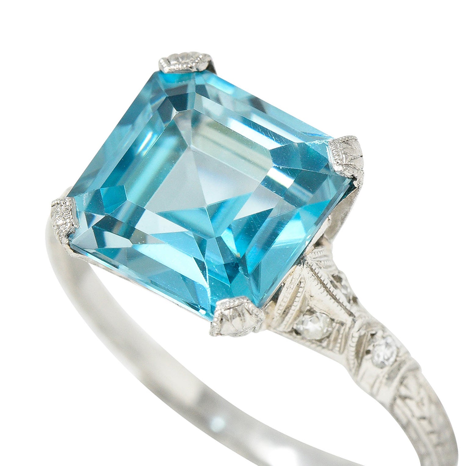 Art Deco Blue Zircon Diamond Platinum Wheat Gemstone RingRing - Wilson's Estate Jewelry