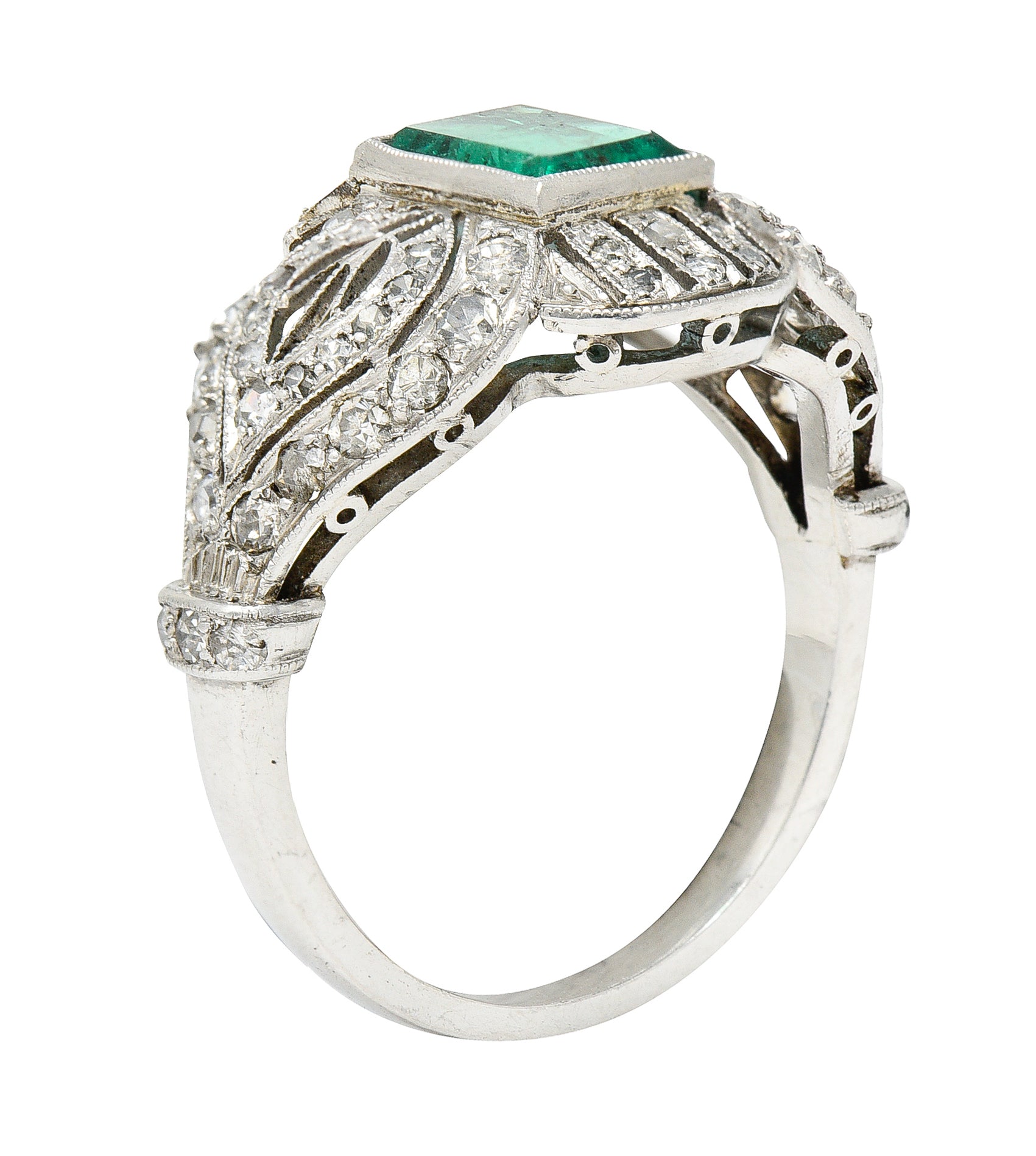 Edwardian 1.80 CTW Emerald Diamond Platinum Dinner Ring Wilson's Estate Jewelry