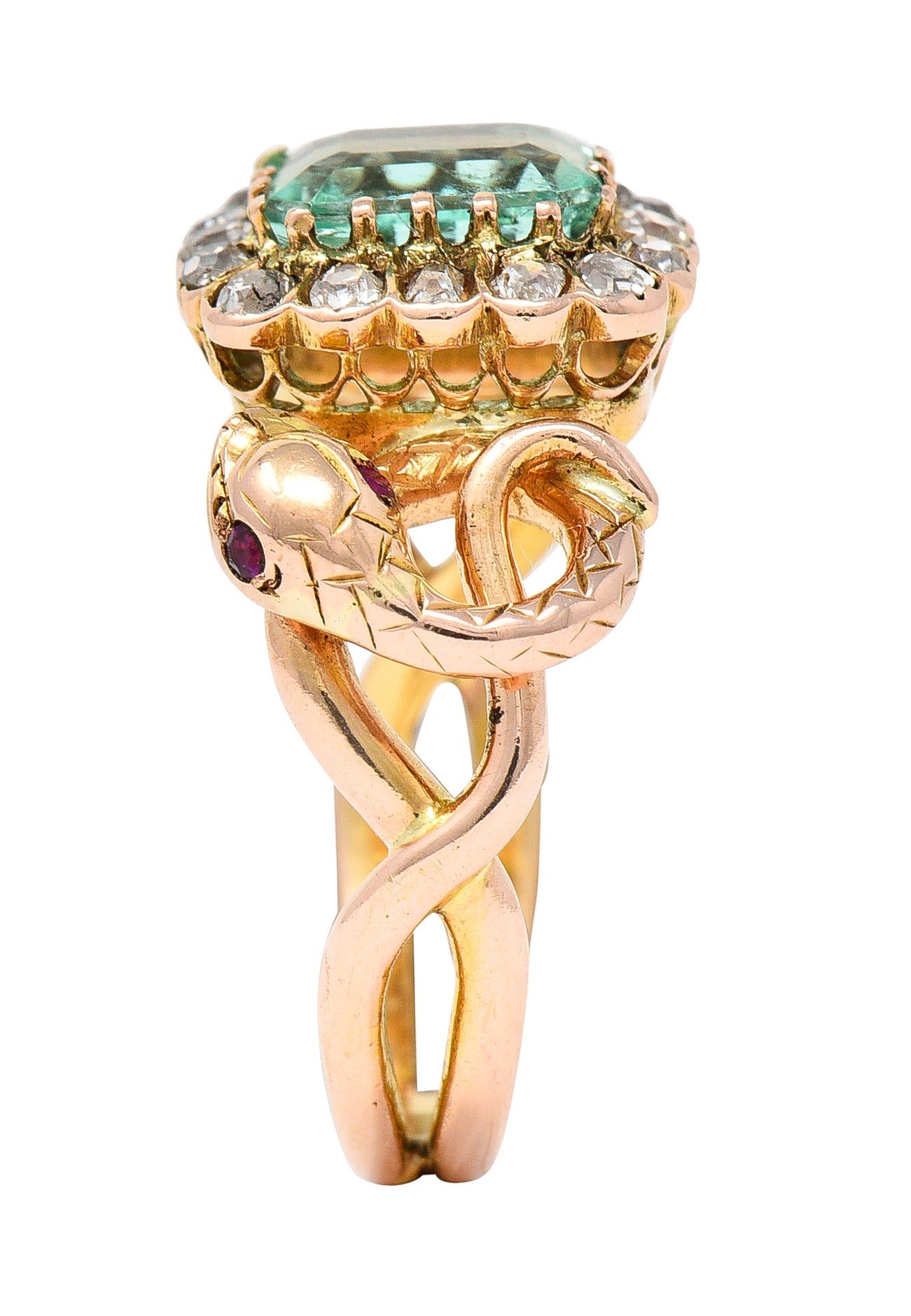 Victorian 2.46 CTW Emerald Old Mine Cut Diamond 18 Karat Rose Gold Snake Antique Halo Ring Wilson's Estate Jewelry