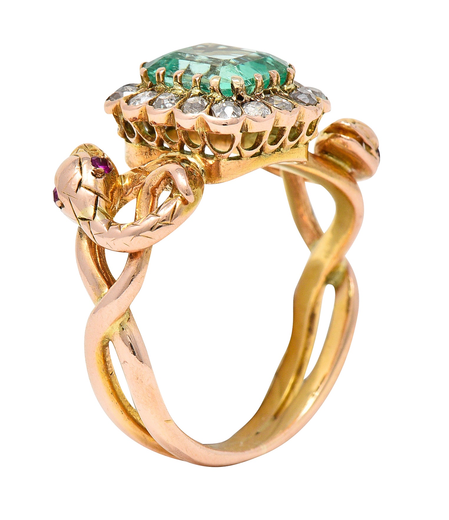 Victorian 2.46 CTW Emerald Old Mine Cut Diamond 18 Karat Rose Gold Snake Antique Halo Ring Wilson's Estate Jewelry