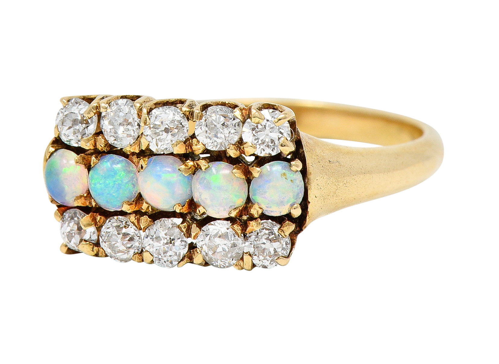 Victorian Opal Old European Cut Diamond 14 Karat Yellow Gold Antique Gemstone Ring Wilson's Estate Jewelry