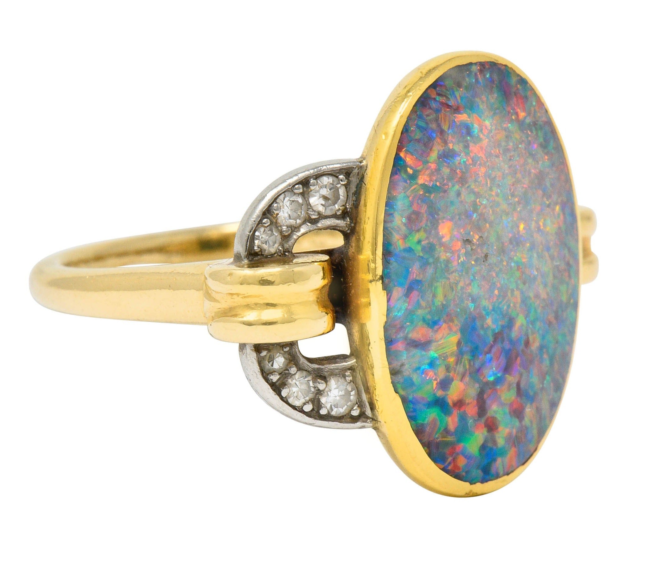 Retro Black Opal Diamond 14 Karat Gold Platinum Buckle RingRing - Wilson's Estate Jewelry