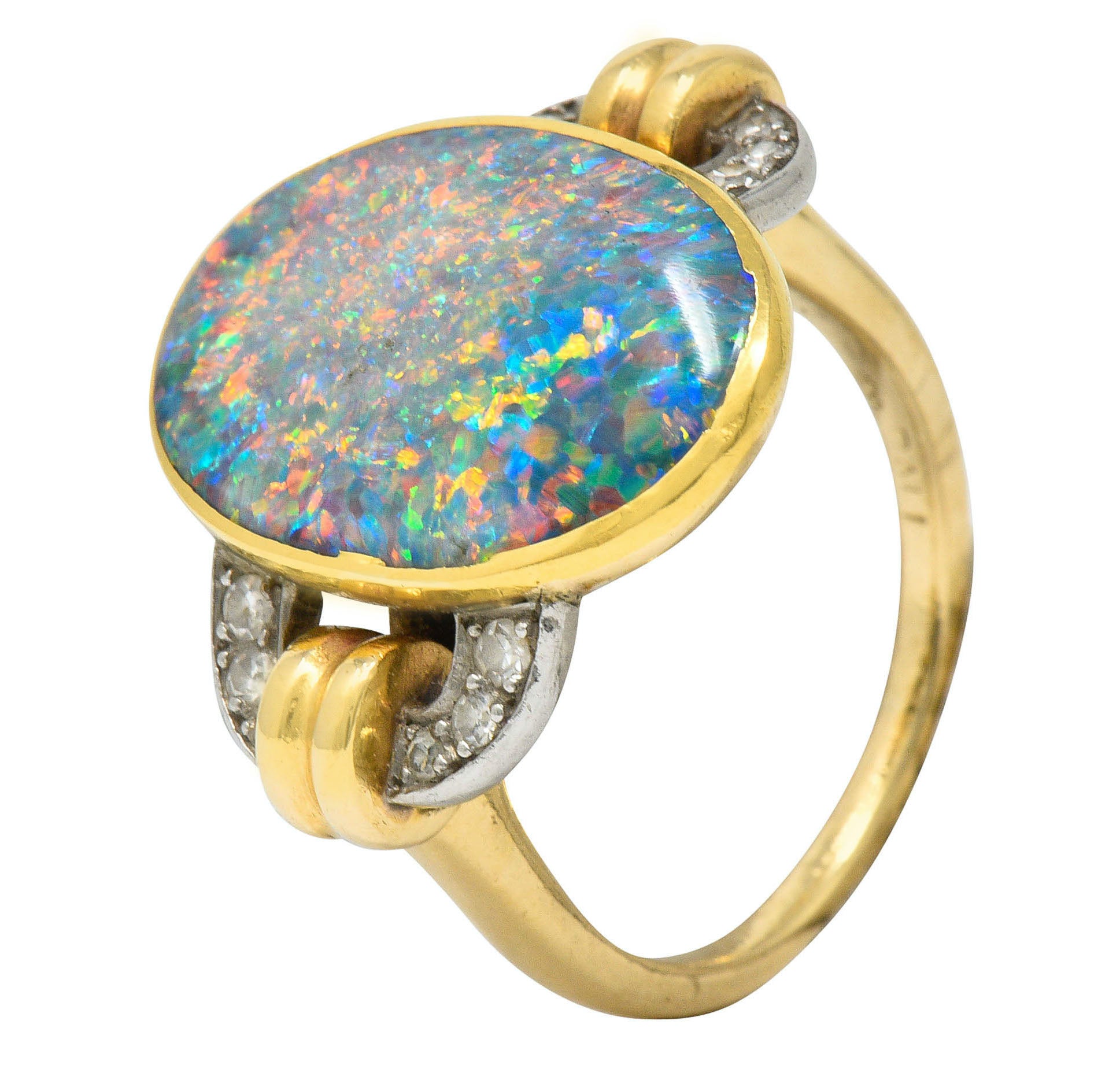 Retro Black Opal Diamond 14 Karat Gold Platinum Buckle RingRing - Wilson's Estate Jewelry