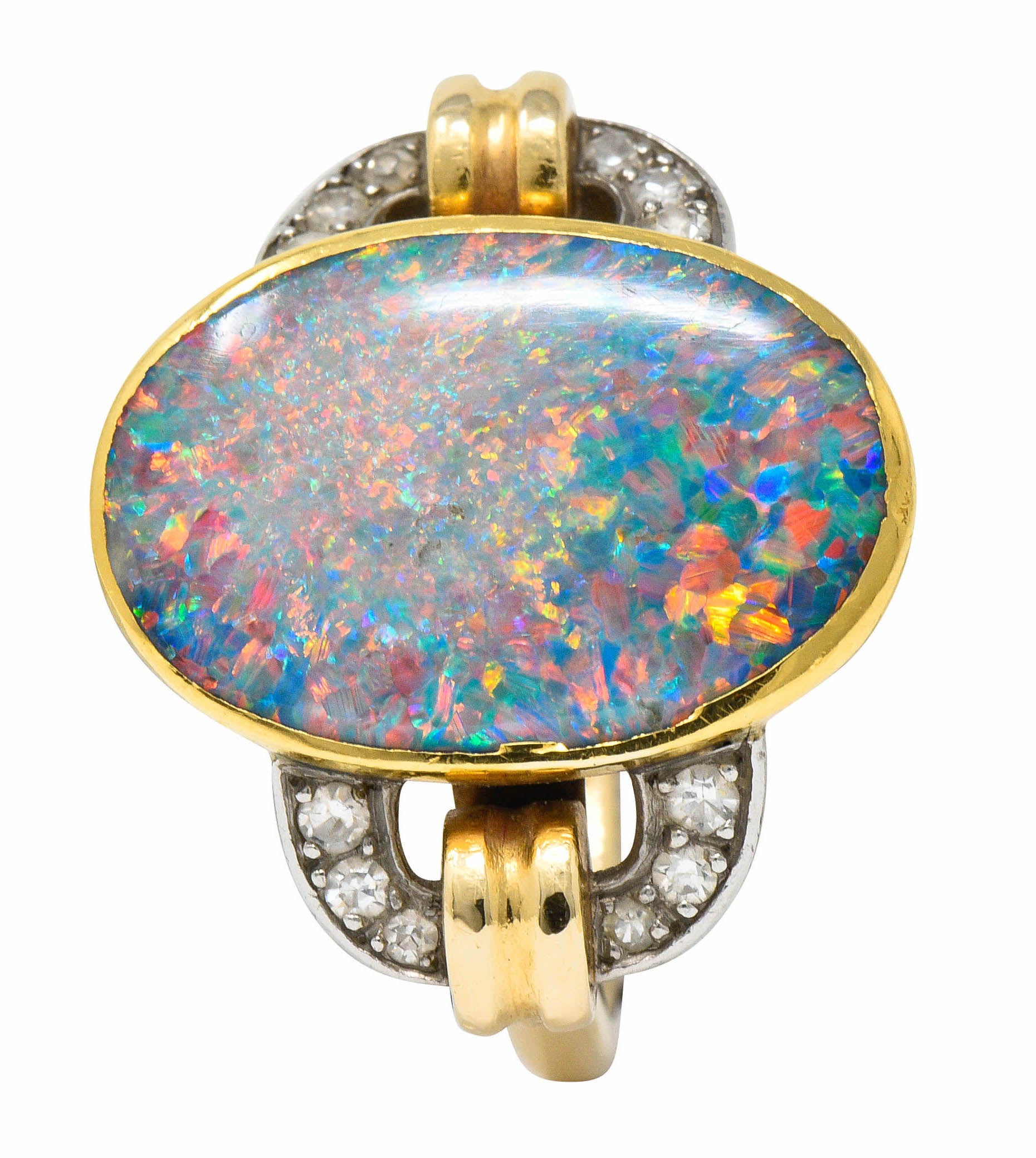 Retro Black Opal Diamond 14 Karat Gold Platinum Buckle RingRing - Wilson's Estate Jewelry