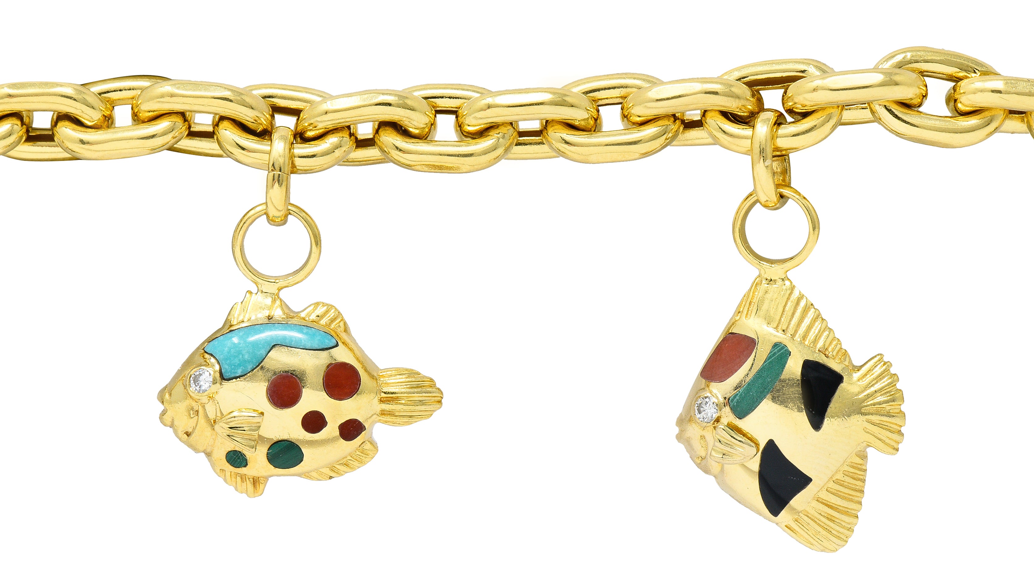 Grossbardt Diamond Inlaid Multi-Gem 18K Yellow Gold Fish Vintage Charm Bracelet