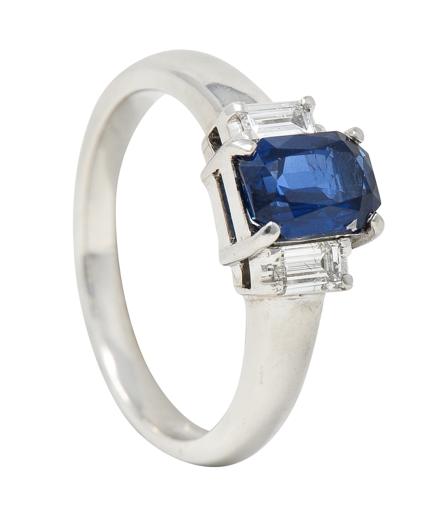 Contemporary 2.01 CTW Cushion Cut Sapphire Diamond Platinum Three Stone Ring Wilson's Estate Jewelry