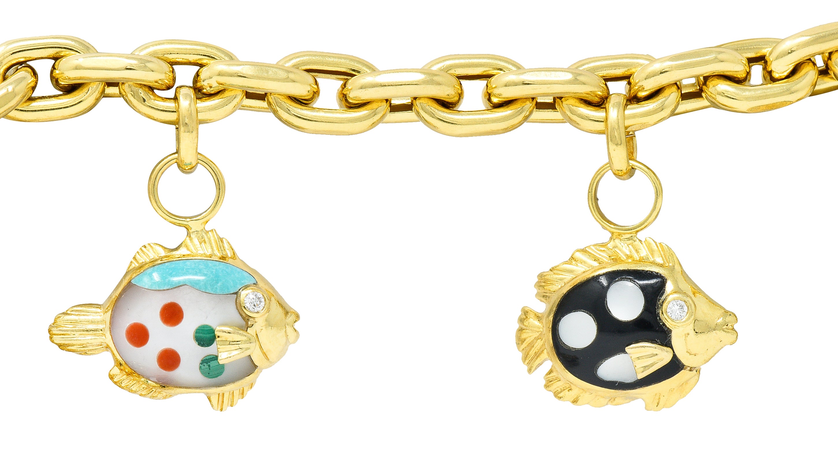 Grossbardt Diamond Inlaid Multi-Gem 18K Yellow Gold Fish Vintage Charm Bracelet