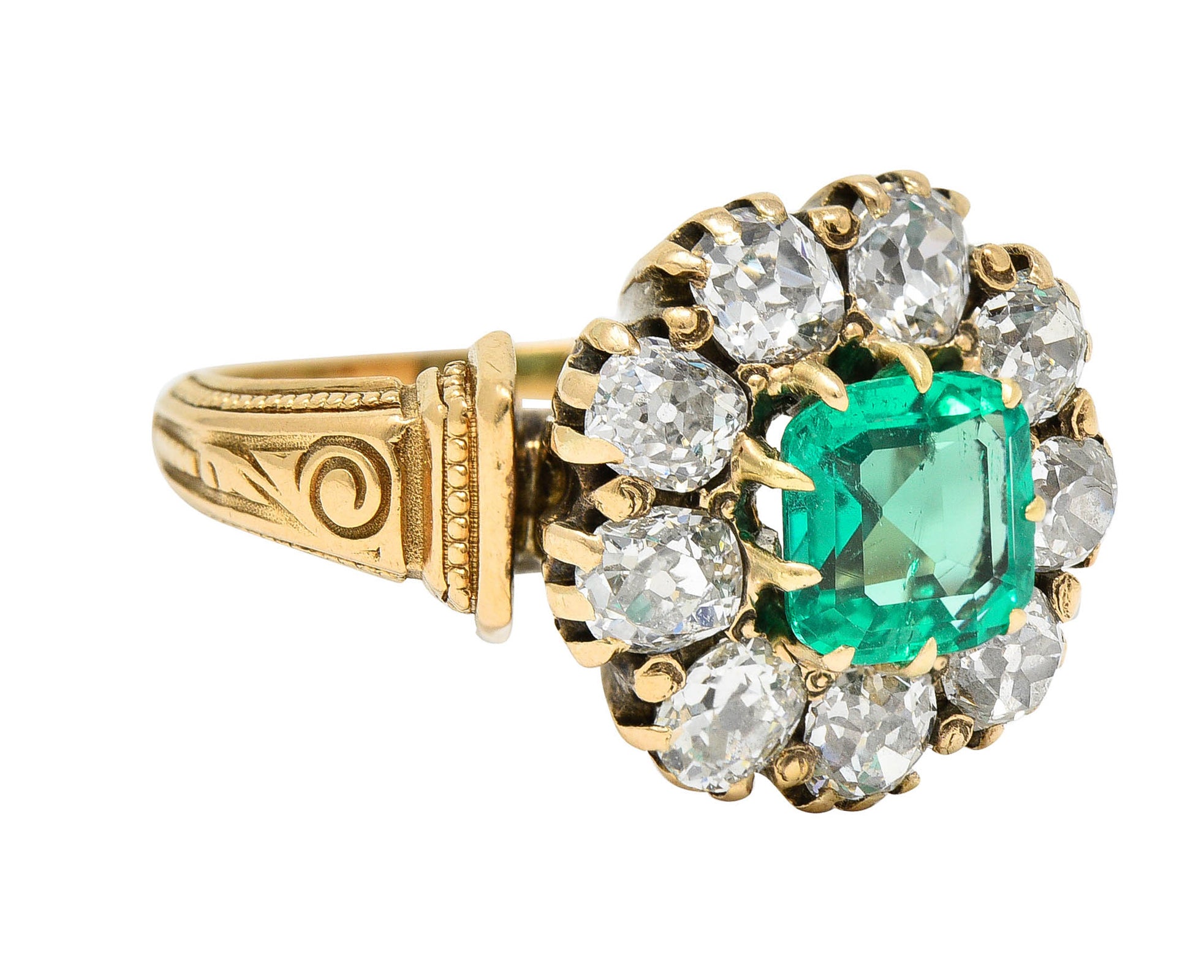 Early Art Deco 2.60 CTW Emerald Diamond 18 Karat Gold Cluster RingRing - Wilson's Estate Jewelry