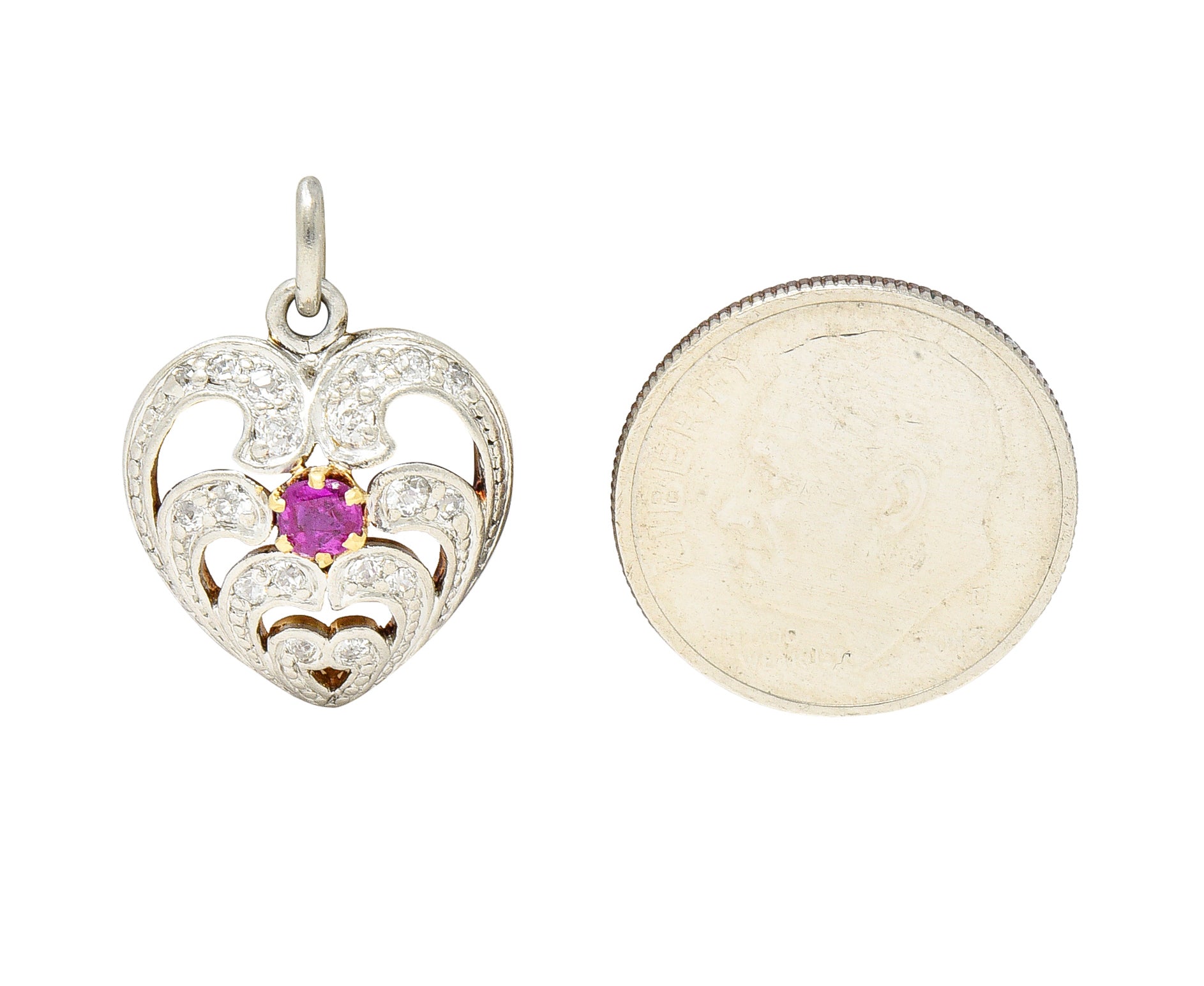 Edwardian Ruby Diamond Platinum-Topped 18 Karat Gold Heart Charm Wilson's Estate Jewelry