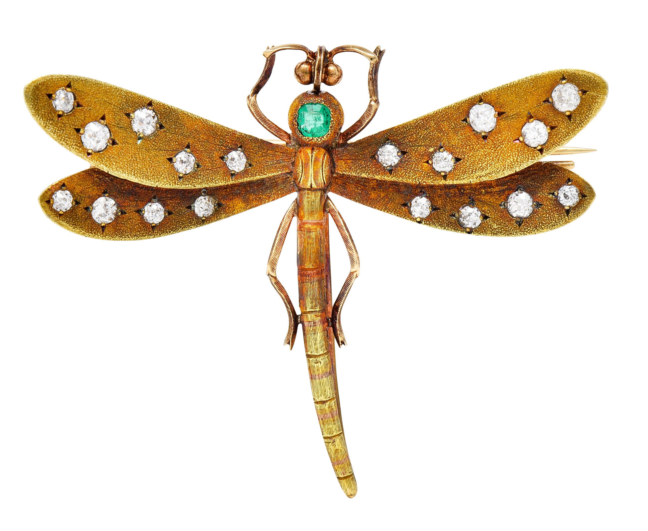 A.J Hedges & Co. Art Nouveau Emerald Diamond 14 Karat Yellow Gold Dragonfly Antique Brooch Wilson's Estate Jewelry