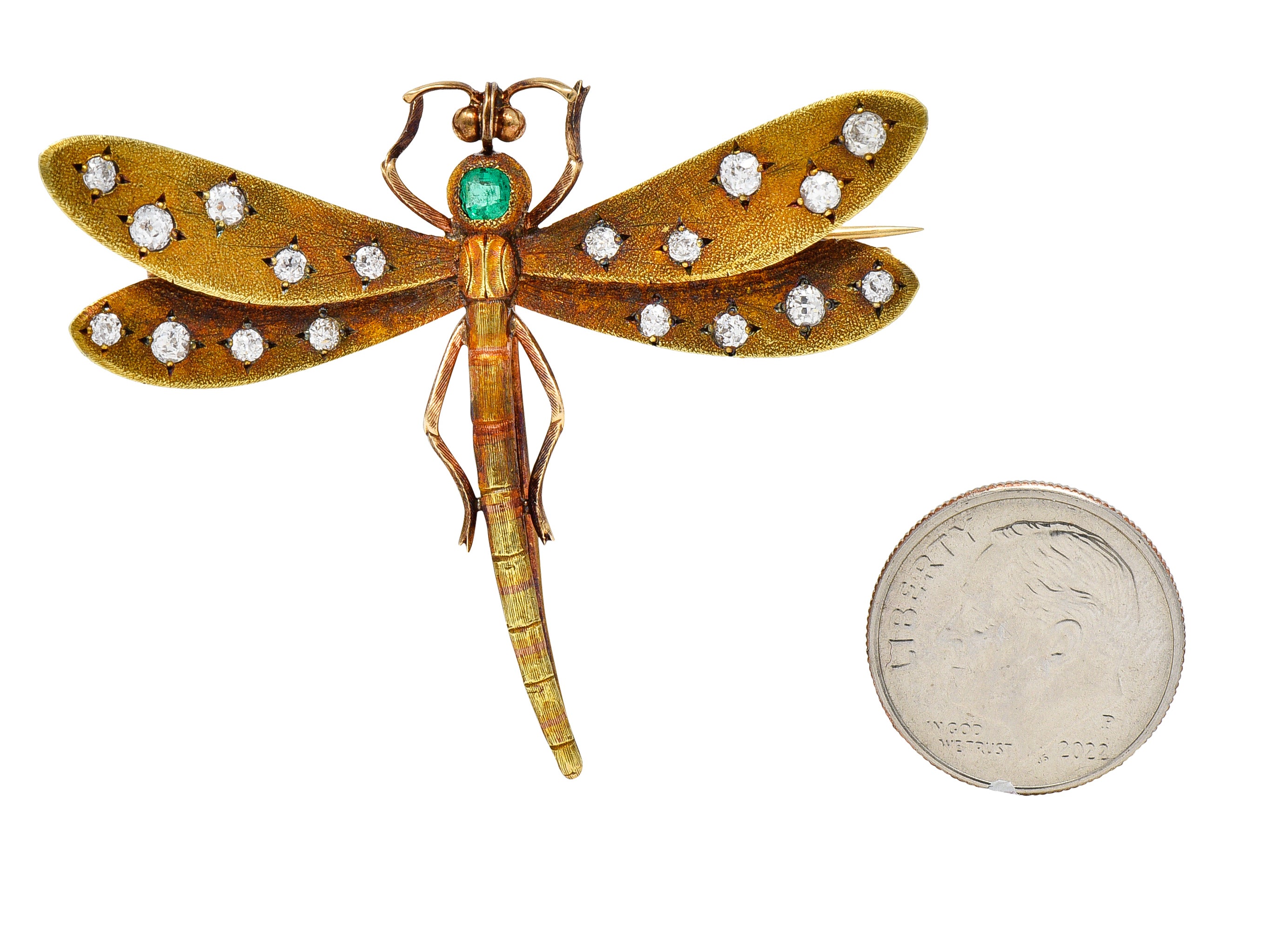 A.J Hedges & Co. Art Nouveau Emerald Diamond 14 Karat Yellow Gold Dragonfly Antique Brooch Wilson's Estate Jewelry