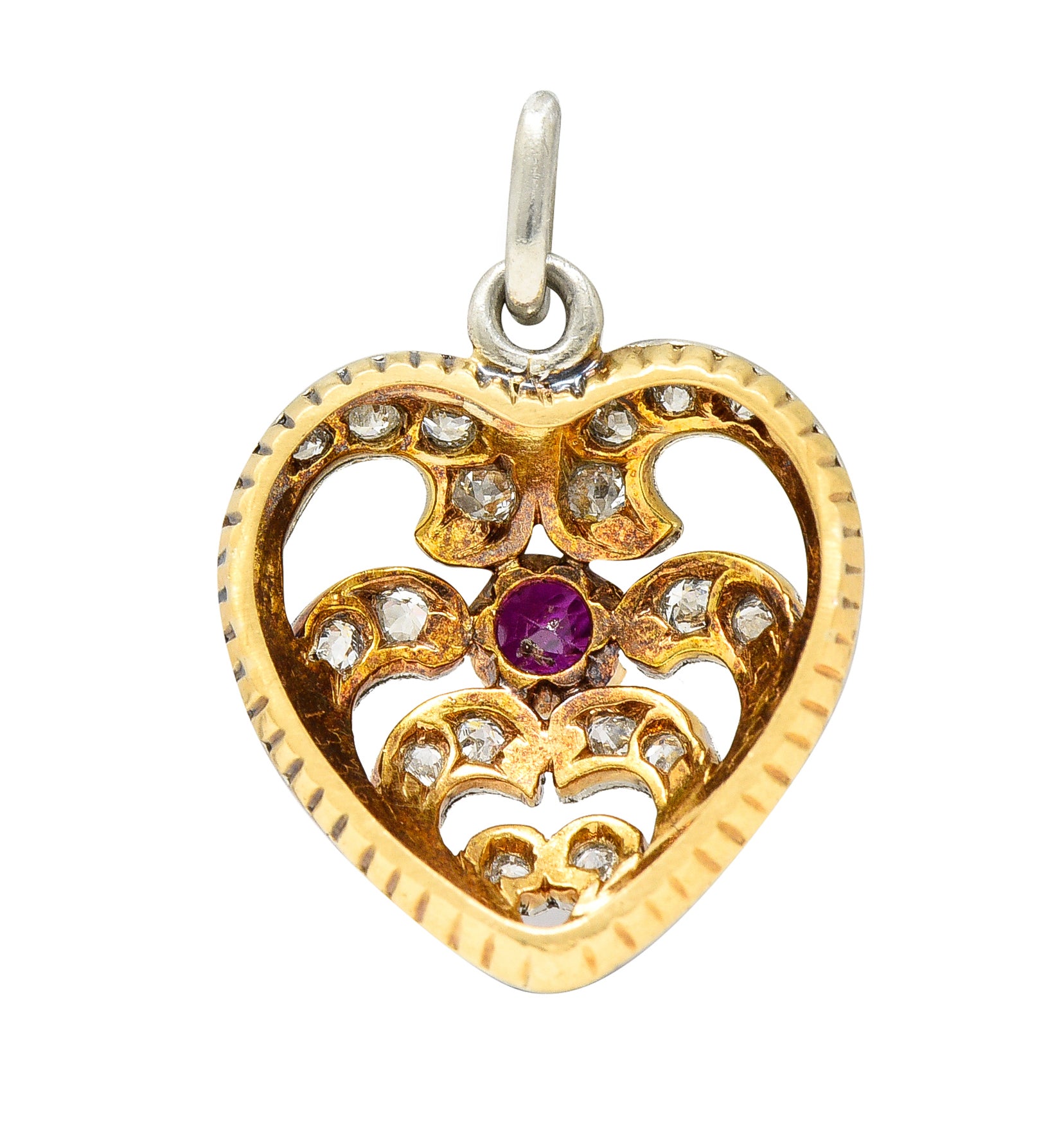 Edwardian Ruby Diamond Platinum-Topped 18 Karat Gold Heart Charm Wilson's Estate Jewelry