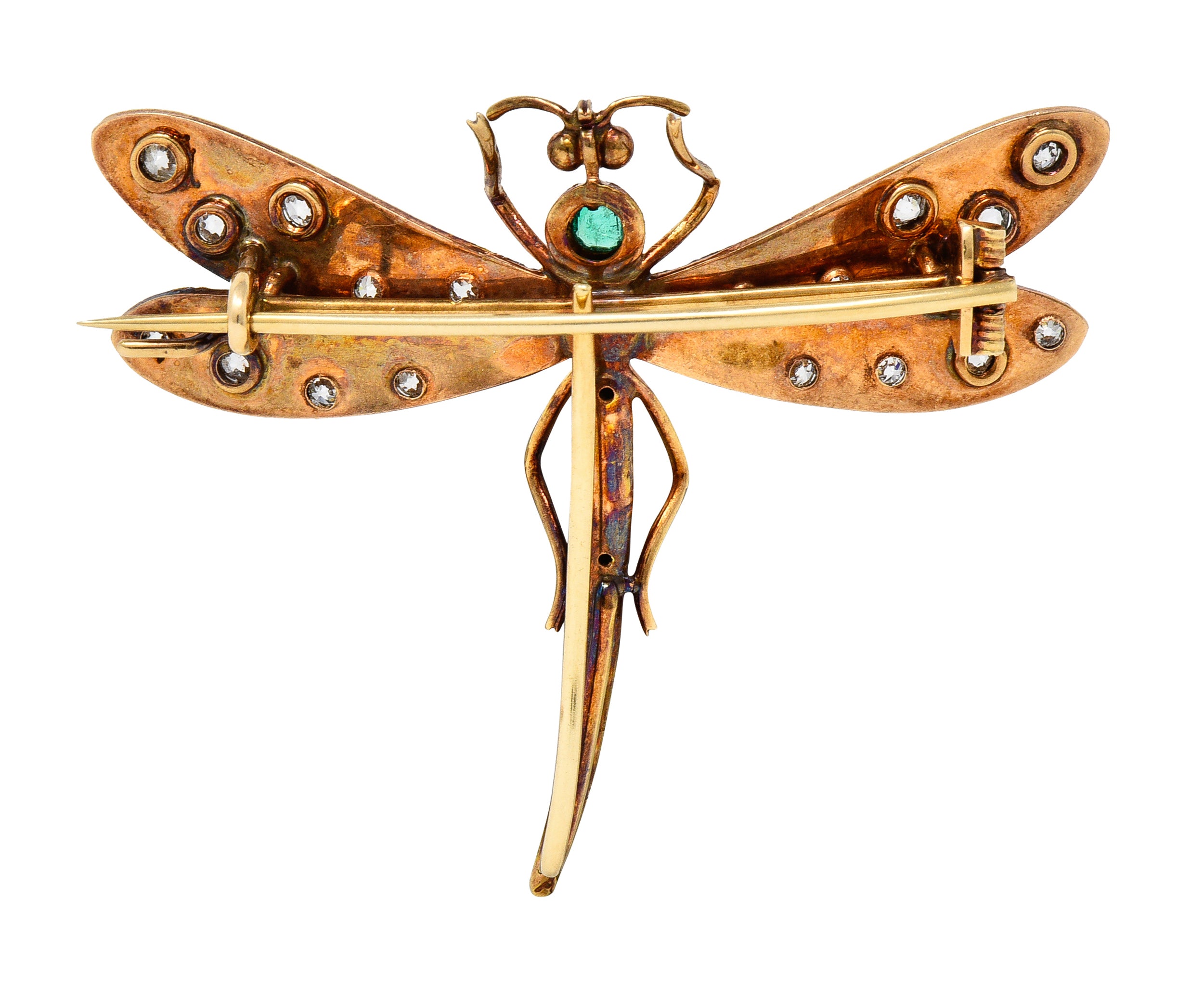 A.J Hedges & Co. Art Nouveau Emerald Diamond 14 Karat Yellow Gold Dragonfly Antique Brooch Wilson's Estate Jewelry