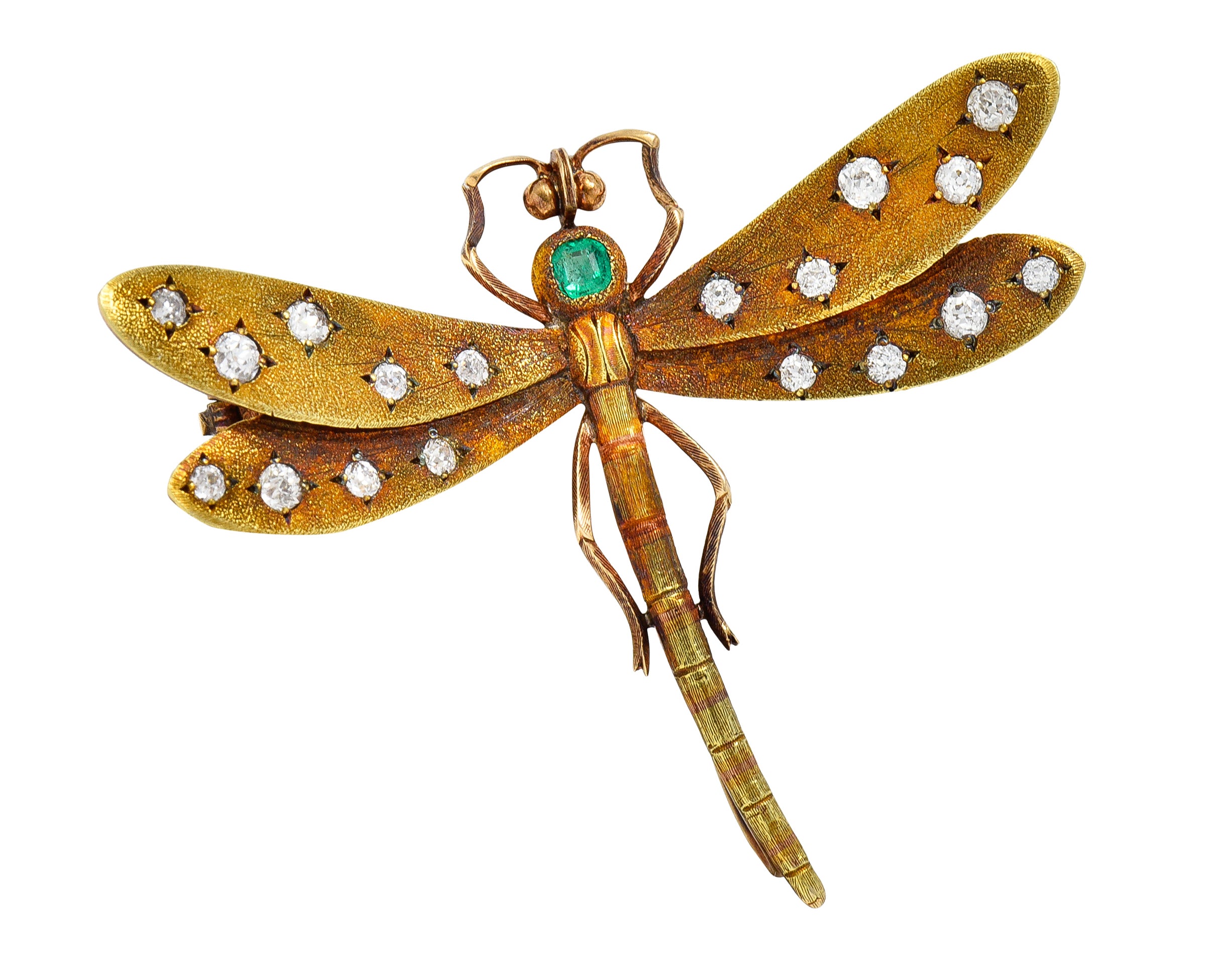 A.J Hedges & Co. Art Nouveau Emerald Diamond 14 Karat Yellow Gold Dragonfly Antique Brooch Wilson's Estate Jewelry