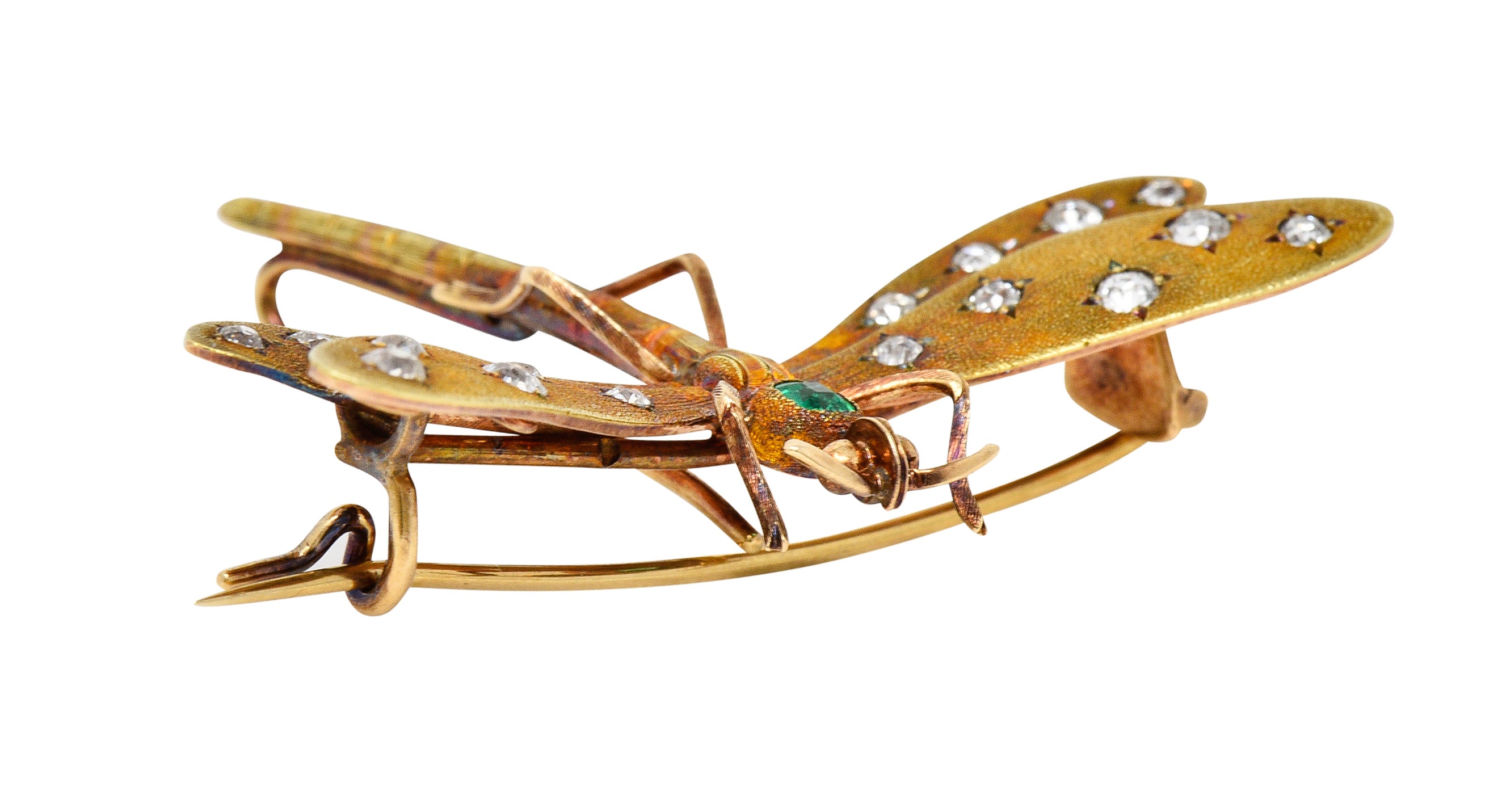 A.J Hedges & Co. Art Nouveau Emerald Diamond 14 Karat Yellow Gold Dragonfly Antique Brooch Wilson's Estate Jewelry