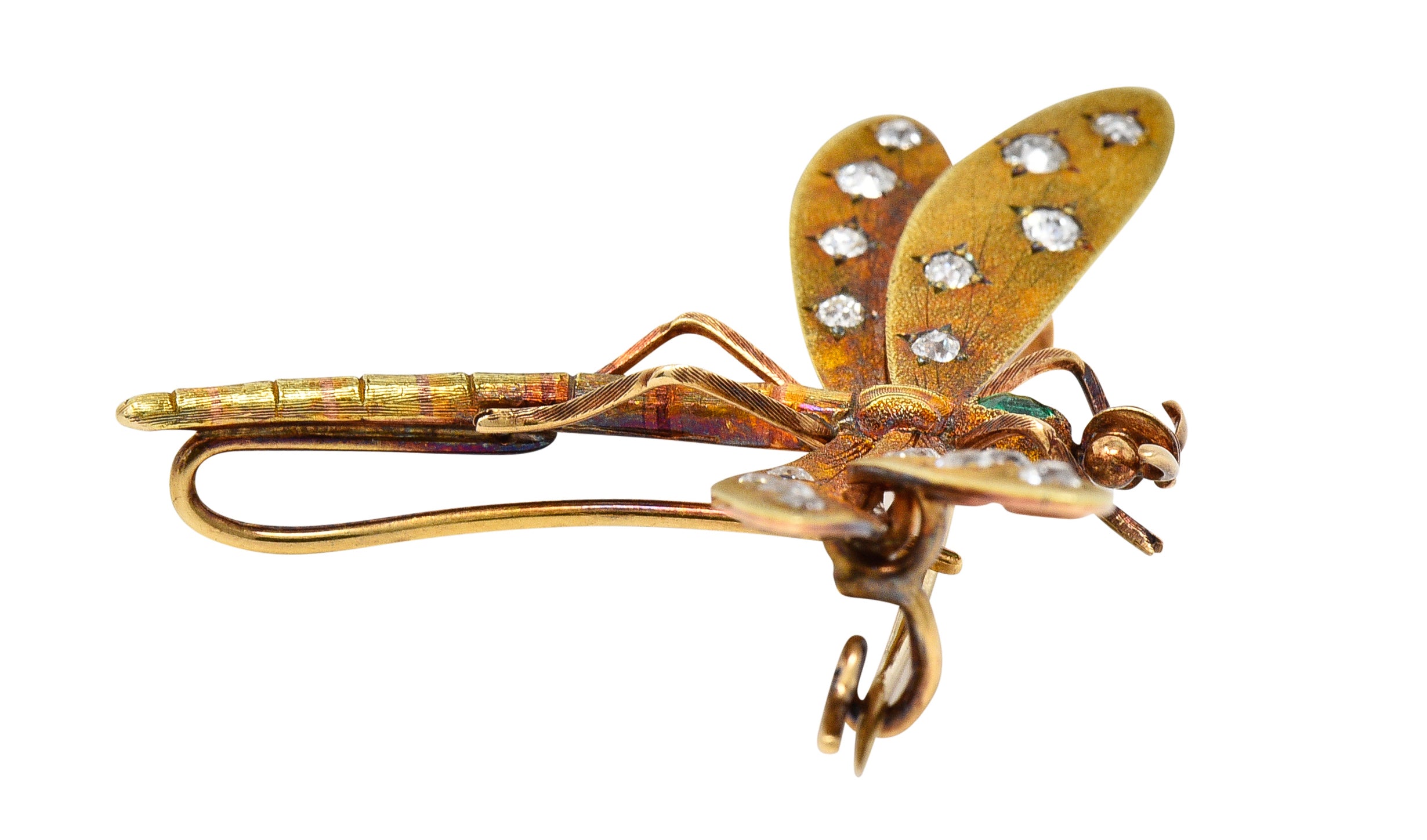 A.J Hedges & Co. Art Nouveau Emerald Diamond 14 Karat Yellow Gold Dragonfly Antique Brooch Wilson's Estate Jewelry