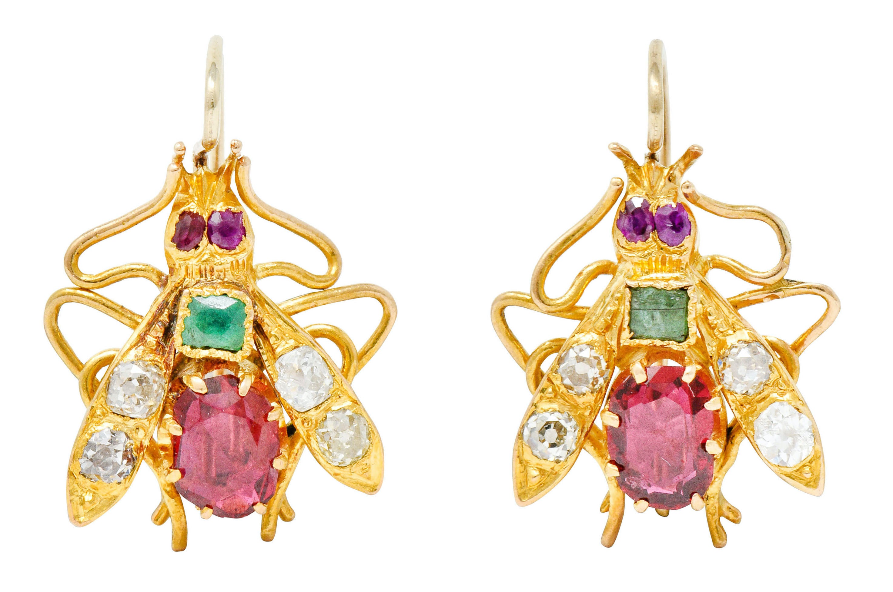 Victorian Spinel Diamond Emerald 18 Karat Gold Insect EarringsEarrings - Wilson's Estate Jewelry