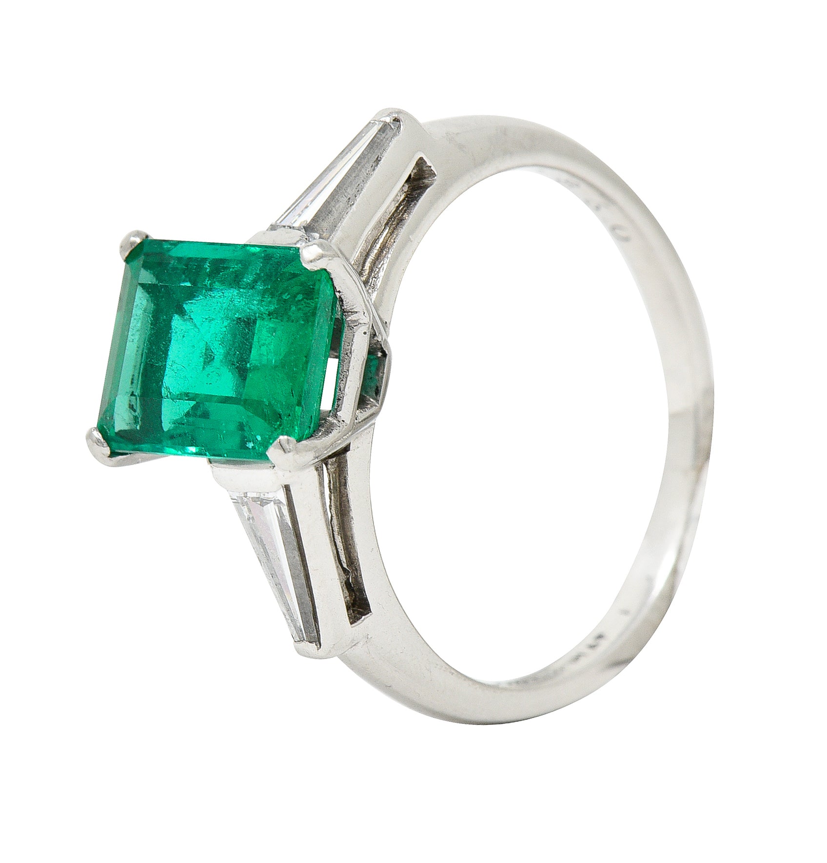 1950's Mid-Century 1.83 CTW Emerald Diamond Platinum Ring Wilson's Estate Jewelry