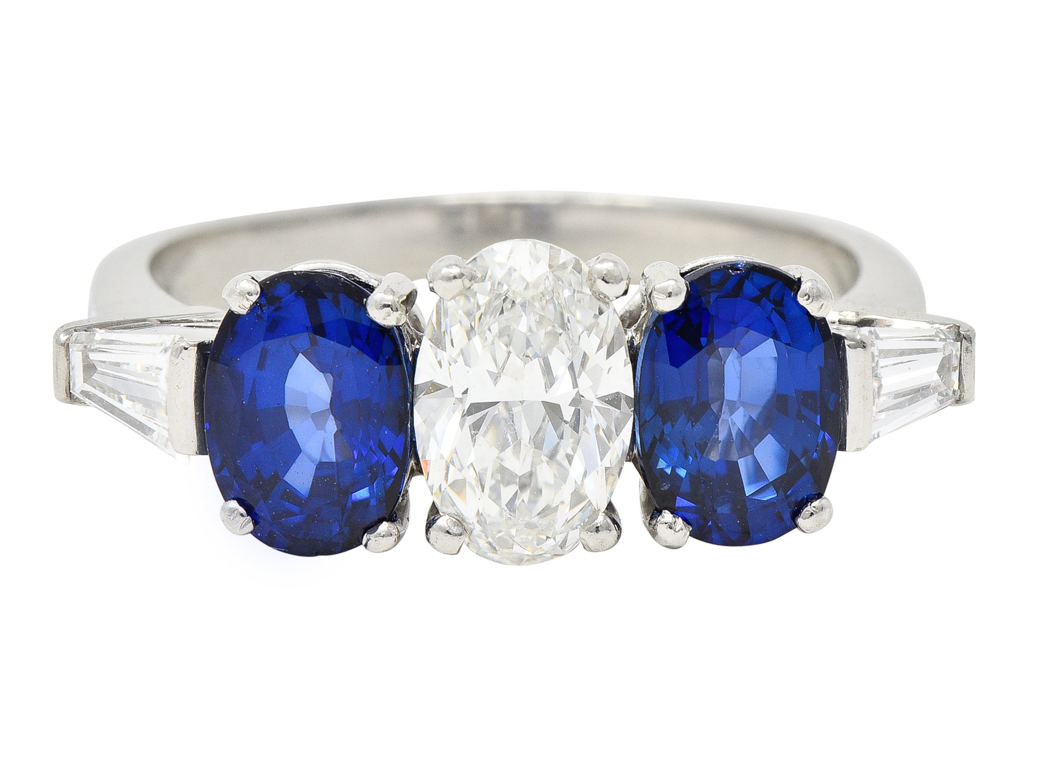 Vintage 3.12 CTW Oval Cut Sapphire Diamond Platinum Three Stone Ring Wilson's Estate Jewelry