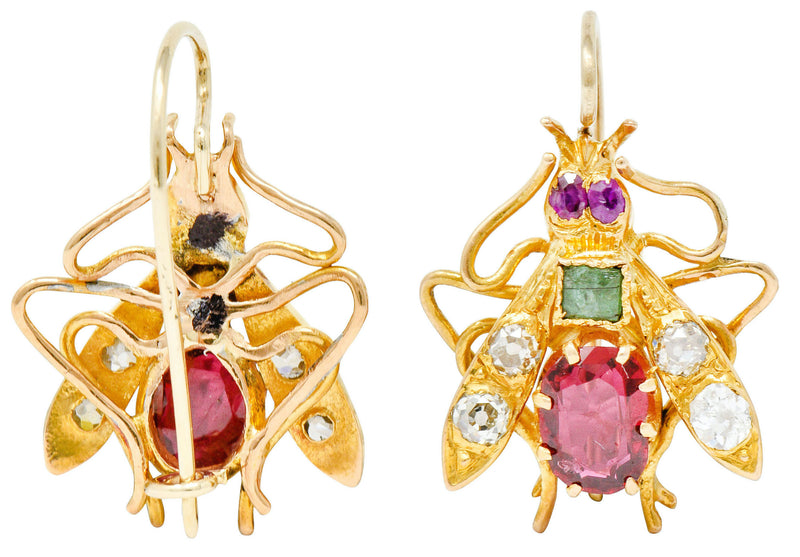 Victorian Spinel Diamond Emerald 18 Karat Gold Insect EarringsEarrings - Wilson's Estate Jewelry
