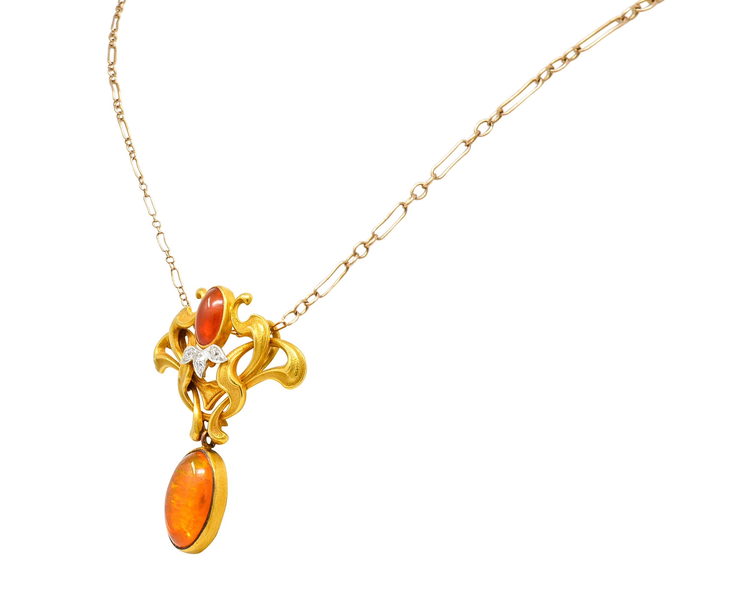 Art Nouveau Mexican Fire Opal Diamond 14 Karat Gold Whiplash Pendant NecklaceNecklace - Wilson's Estate Jewelry