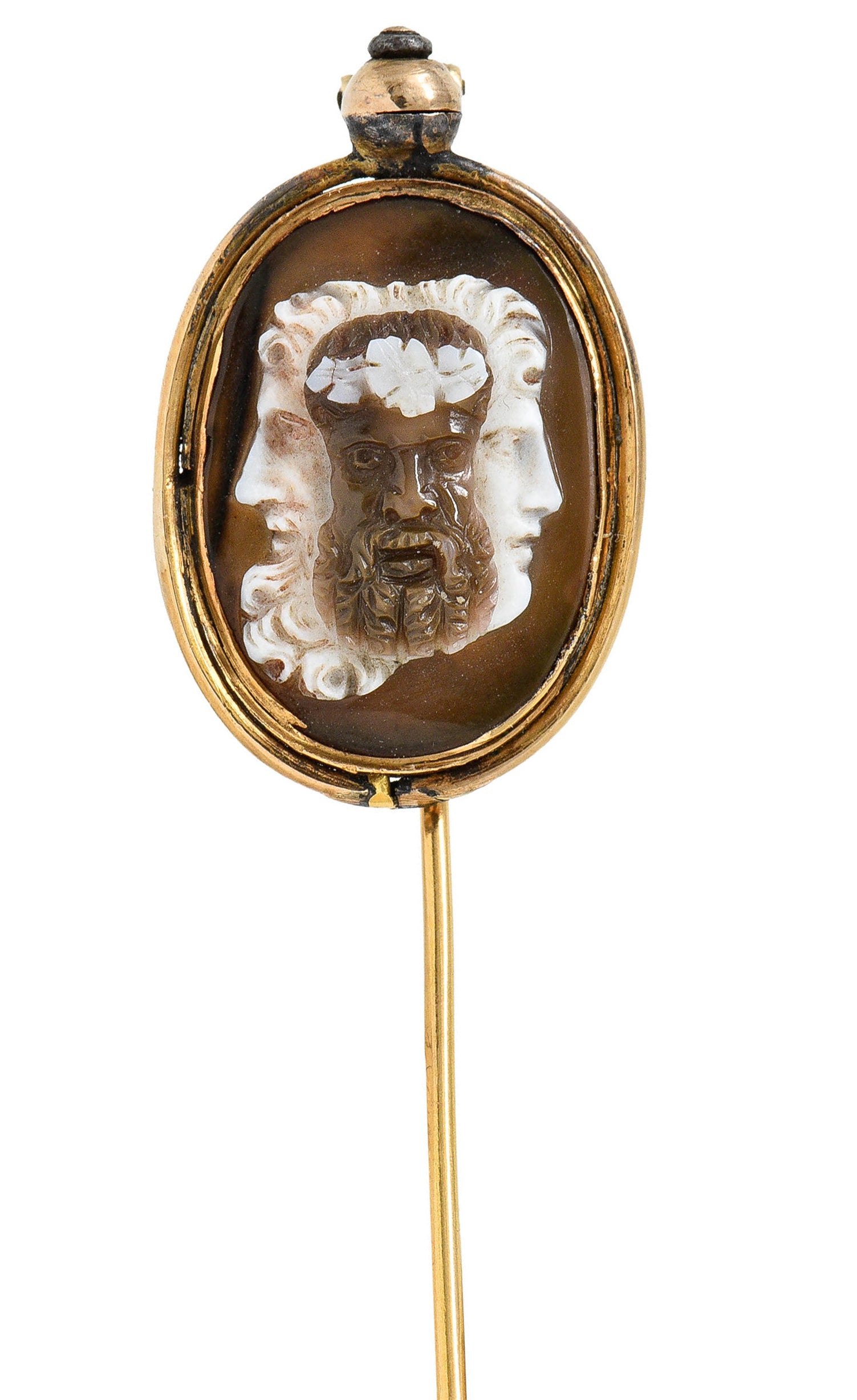 Exceptional Victorian Agate Cameo 18 Karat Gold Mythology Perseus & Medusa StickpinStick Pin - Wilson's Estate Jewelry