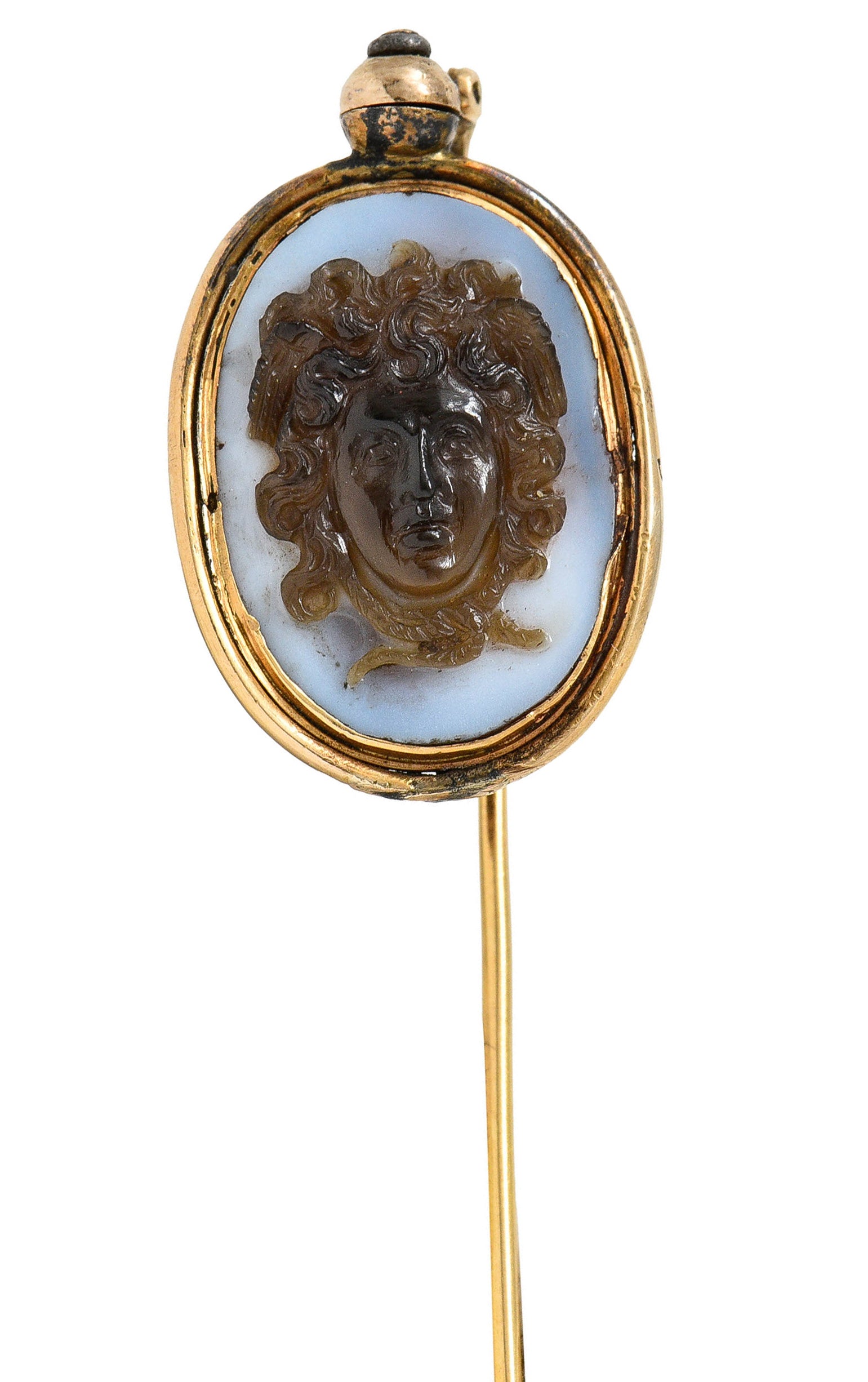 Exceptional Victorian Agate Cameo 18 Karat Gold Mythology Perseus & Medusa StickpinStick Pin - Wilson's Estate Jewelry