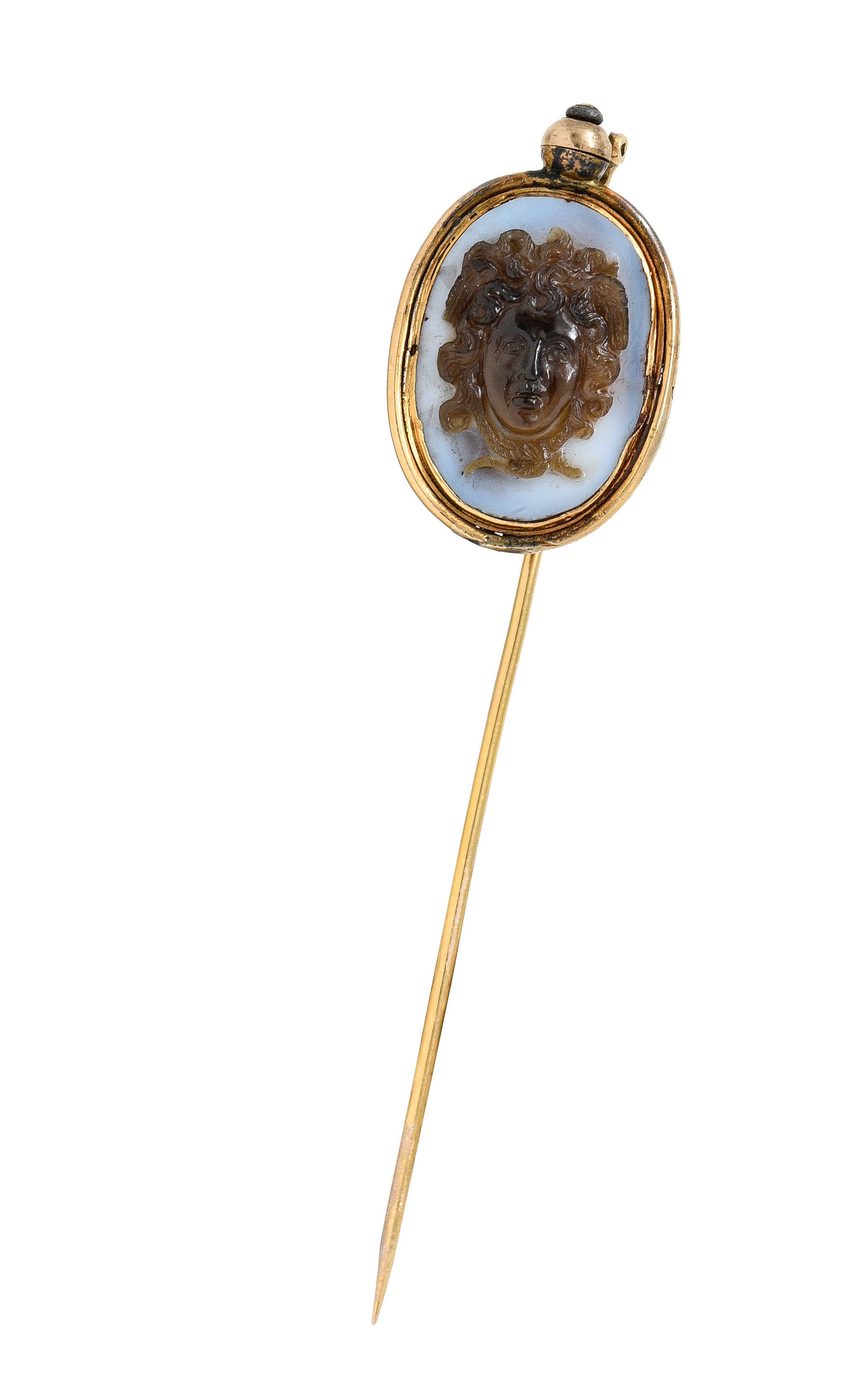 Exceptional Victorian Agate Cameo 18 Karat Gold Mythology Perseus & Medusa StickpinStick Pin - Wilson's Estate Jewelry