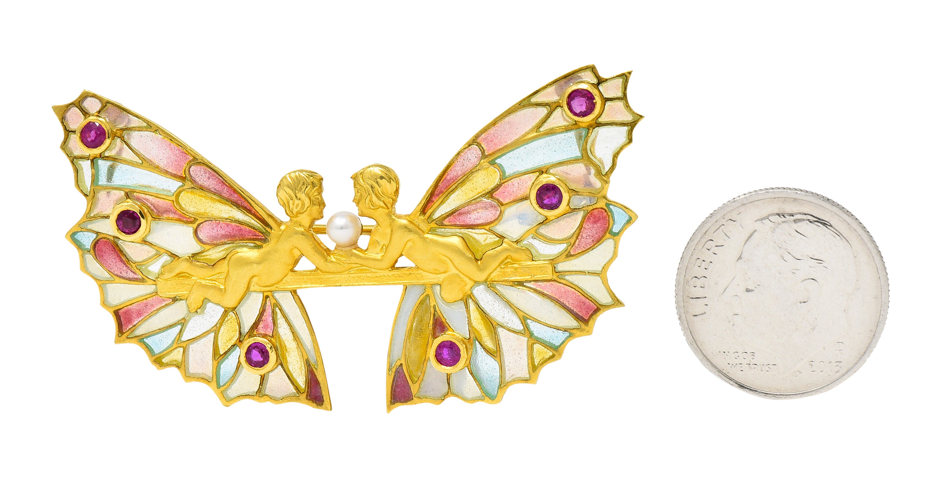 Masriera Ruby Pearl Plique-a-Jour Enamel 18 Karat Yellow Gold Fairy Pendant Brooch Wilson's Estate Jewelry