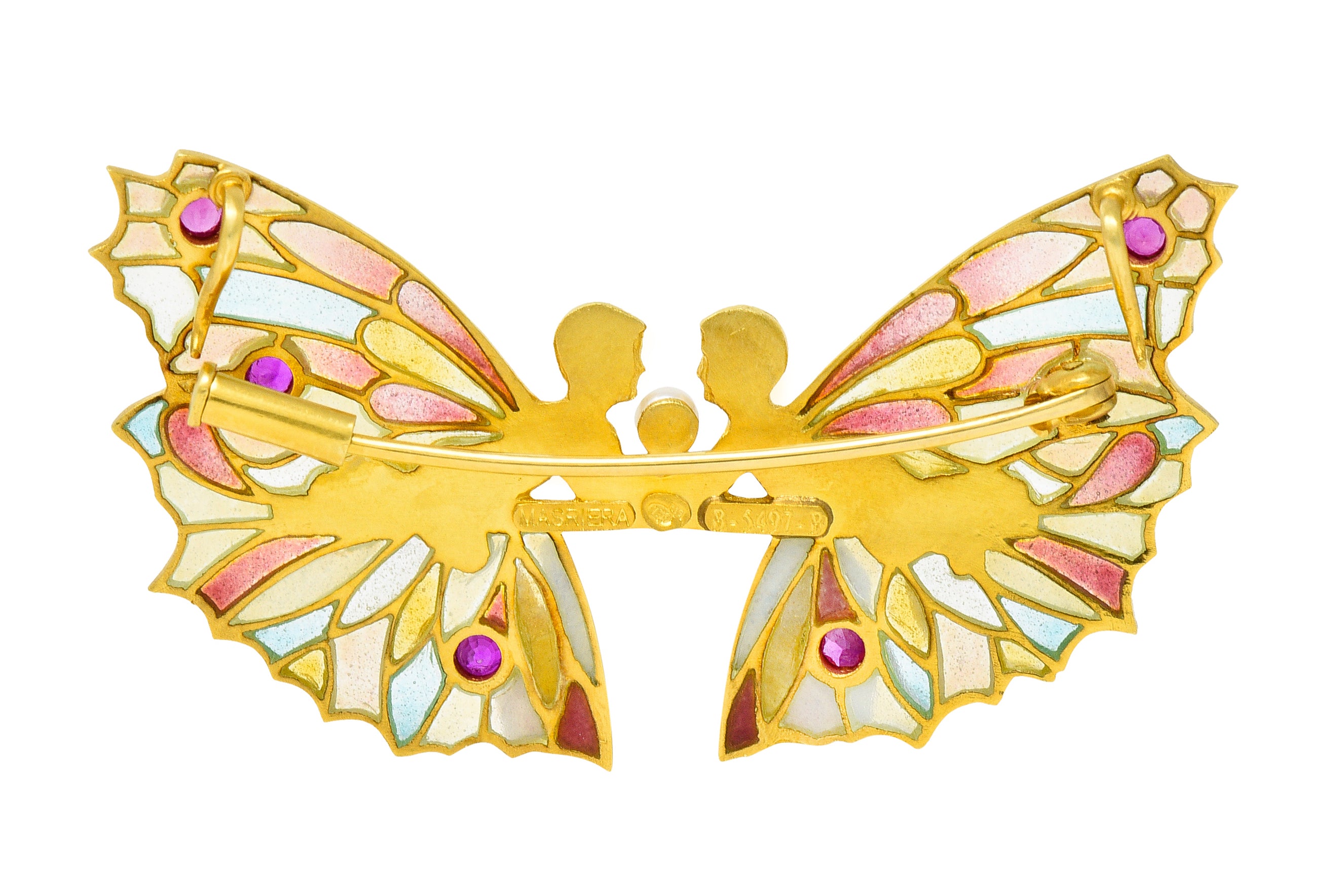 Masriera Ruby Pearl Plique-a-Jour Enamel 18 Karat Yellow Gold Fairy Pendant Brooch Wilson's Estate Jewelry