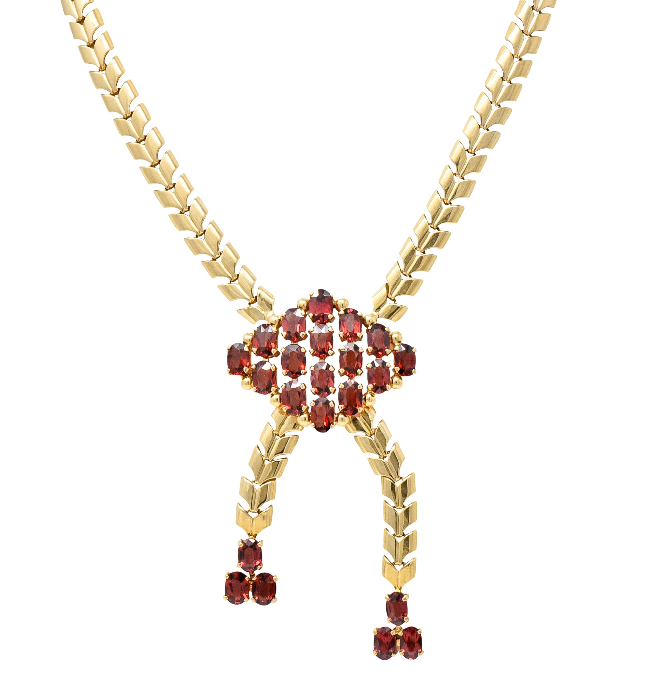 Tiffany & Co. Wordley Allsopp & Bliss Retro Garnet 14 Karat Yellow Gold Wheat Link Vintage Lariat Station Necklace Wilson's Estate Jewelry