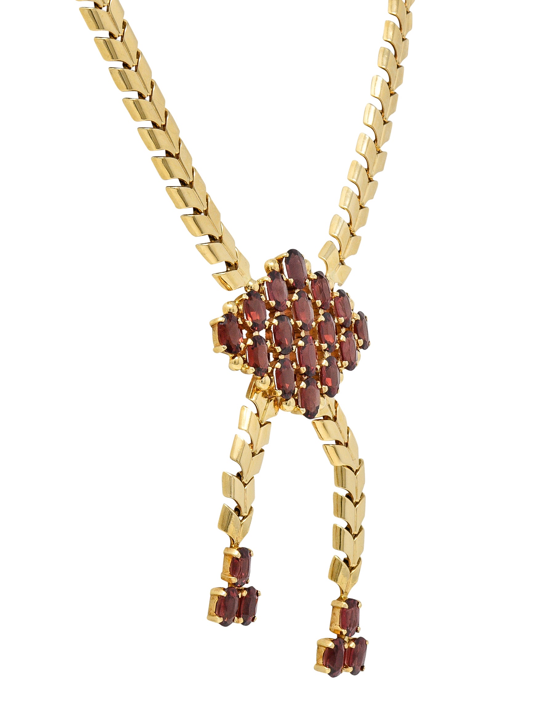 Tiffany & Co. Wordley Allsopp & Bliss Retro Garnet 14 Karat Yellow Gold Wheat Link Vintage Lariat Station Necklace Wilson's Estate Jewelry