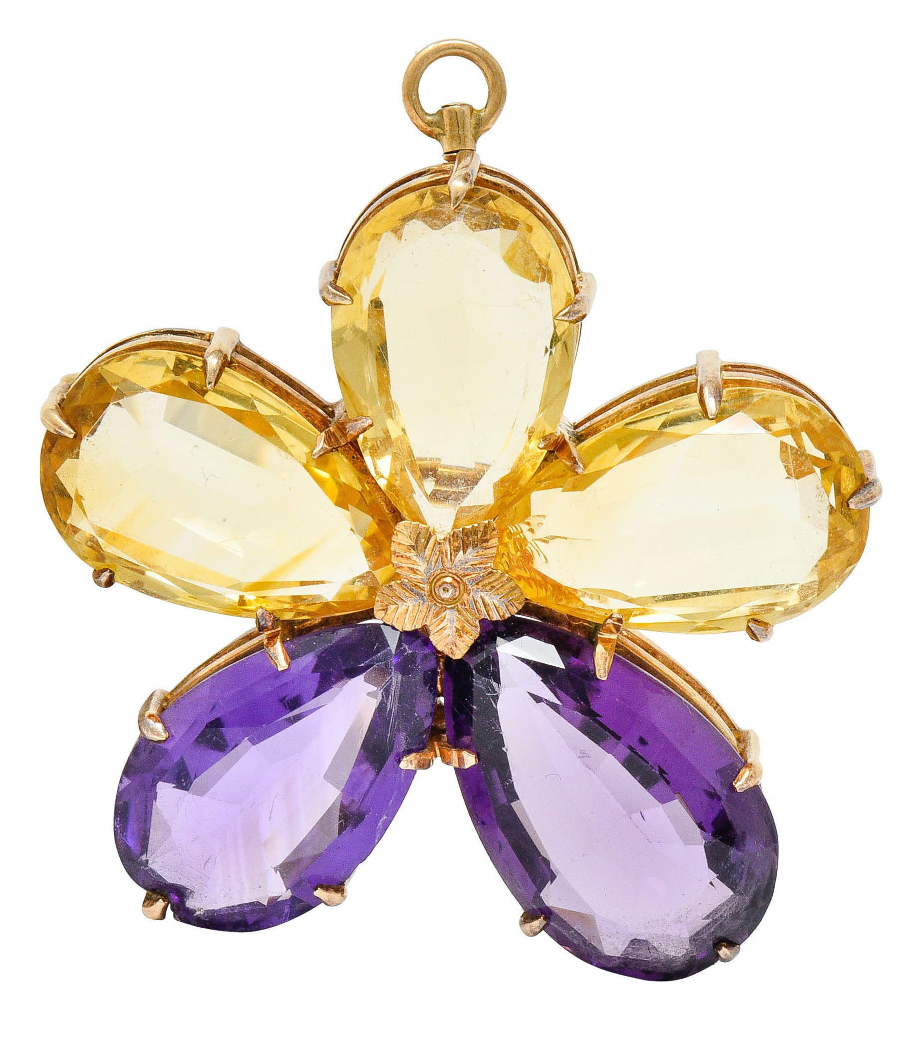 Art Nouveau Citrine Amethyst 14 Karat Rose Gold Flower Pendant BroochNecklace - Wilson's Estate Jewelry