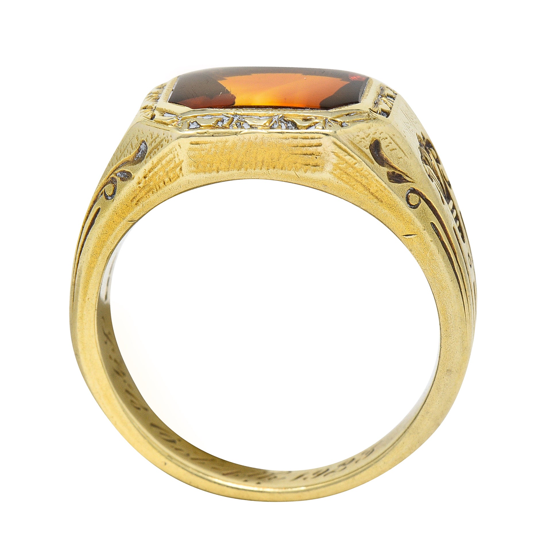 Axel Bros Art Deco Citrine 14 Karat Yellow Gold Lotus Antique Unisex Signet Ring