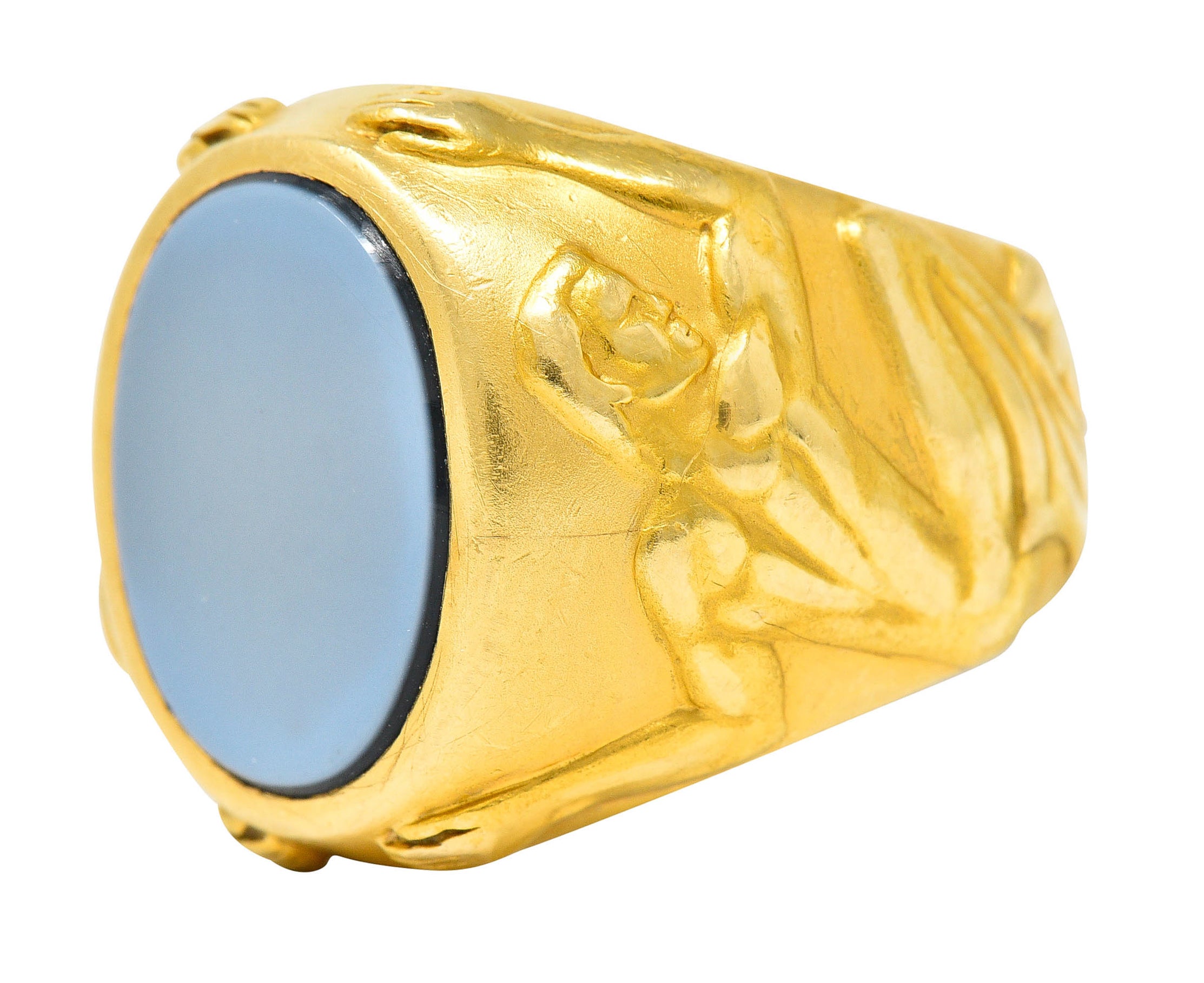 Carrera Y Carrera Onyx Agate 18 Karat Gold Atlas Unisex Signet RingRing - Wilson's Estate Jewelry