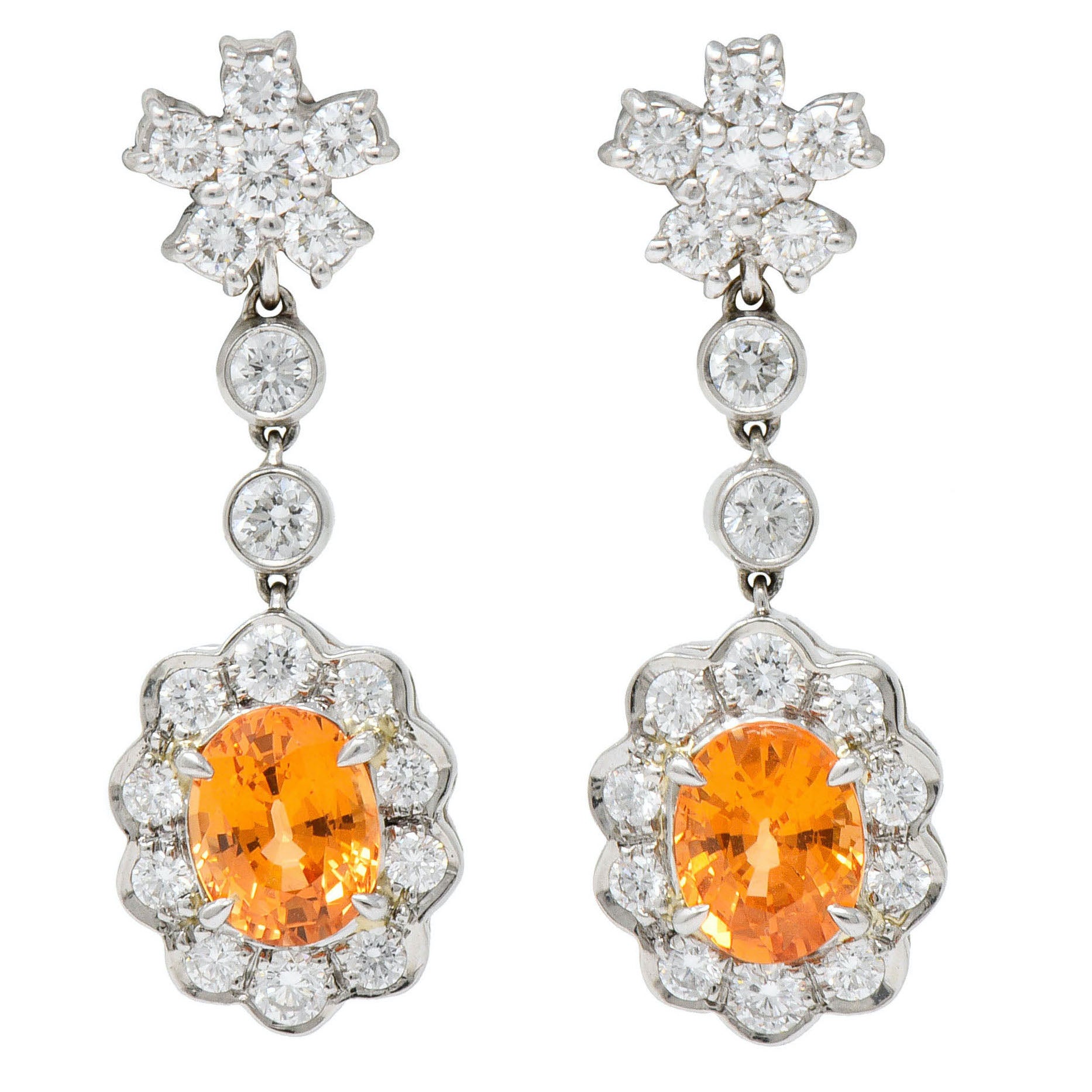 4.50 CTW Orange Sapphire Diamond 18 Karat White Gold Convertible Cluster Drop EarringsEarrings - Wilson's Estate Jewelry