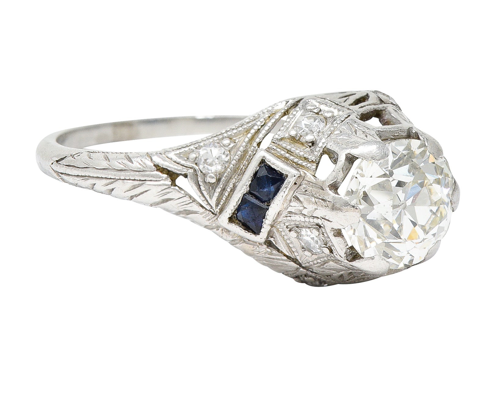 Art Deco 1.24 CTW Diamond Sapphire Platinum Foliate Engagement Ring Wilson's Estate Jewelry