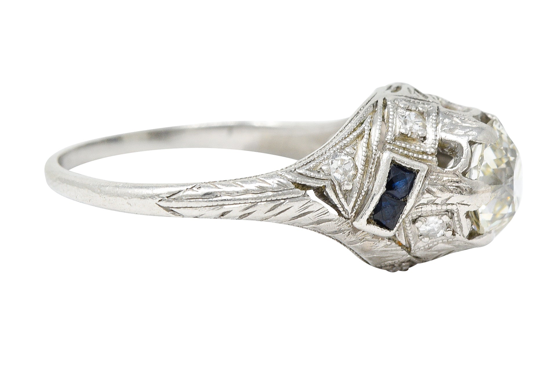 Art Deco 1.24 CTW Diamond Sapphire Platinum Foliate Engagement Ring Wilson's Estate Jewelry