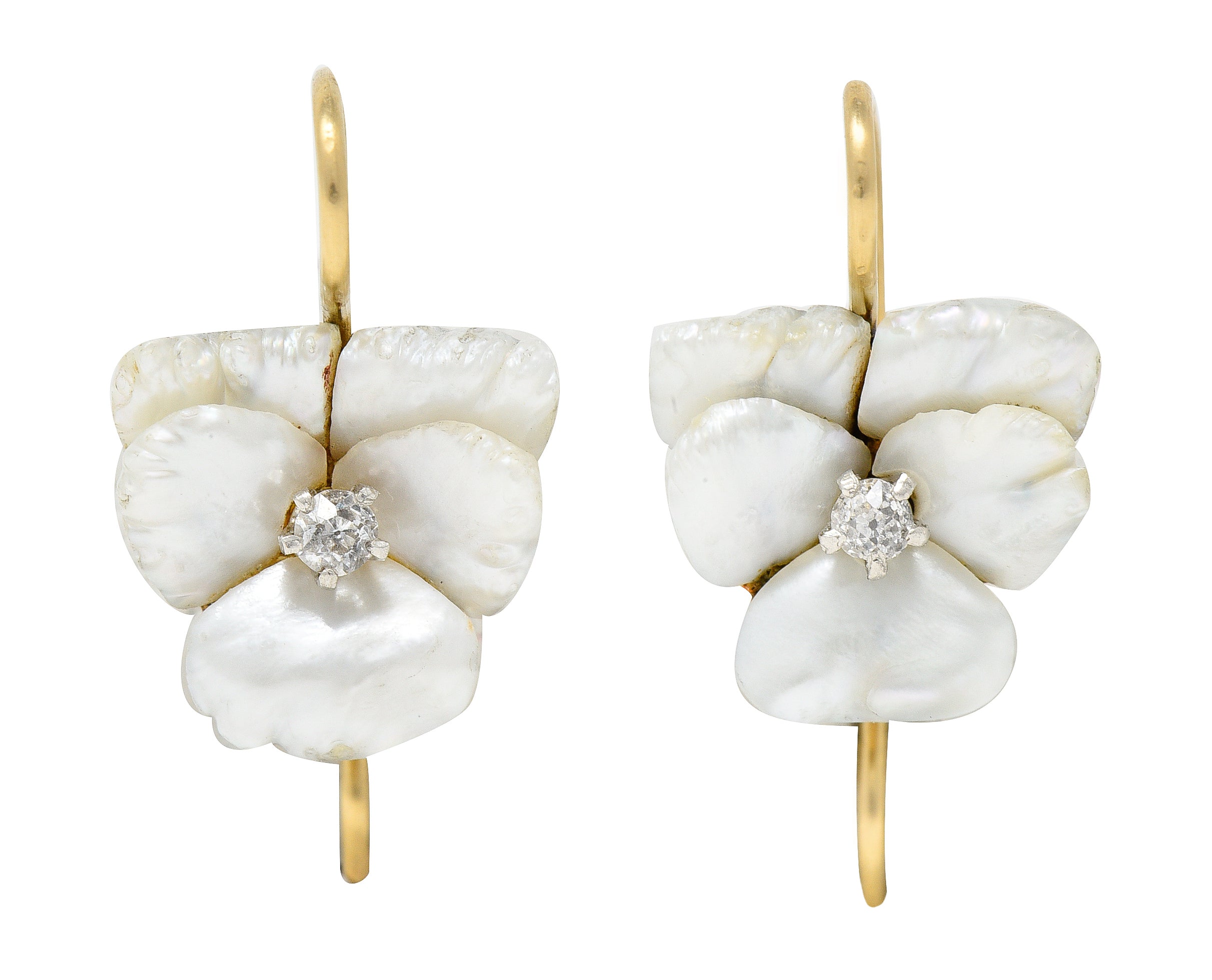 Art Nouveau Diamond Carved Mother-Of-Pearl 14 Karat Yellow Gold Pansy Antique Floral Earrings Wilson's Estate Jewelry