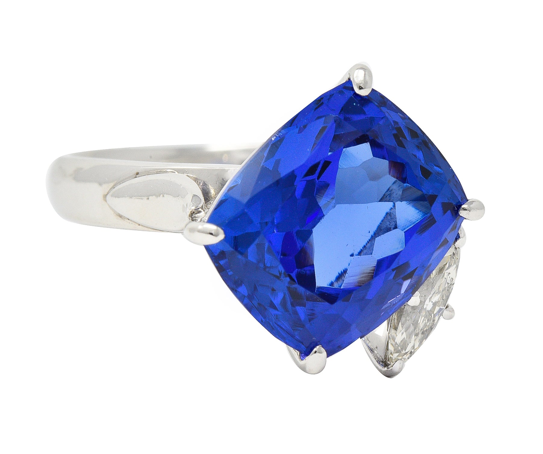 Contemporary 6.74 CTW Cushion Cut Tanzanite Marquise Cut Diamond Platinum Juxtaposed Ring Wilson's Estate Jewelry