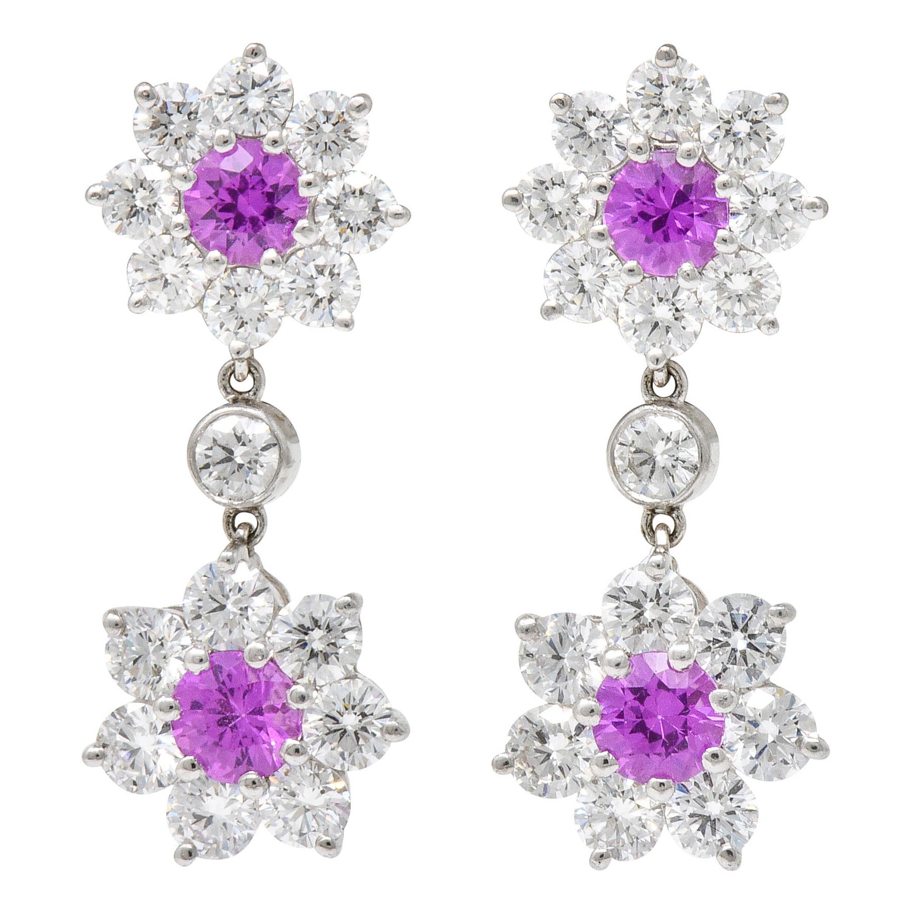 Modern 4.05 CTW Diamond Pink Sapphire Platinum Floral Cluster EarringsEarrings - Wilson's Estate Jewelry