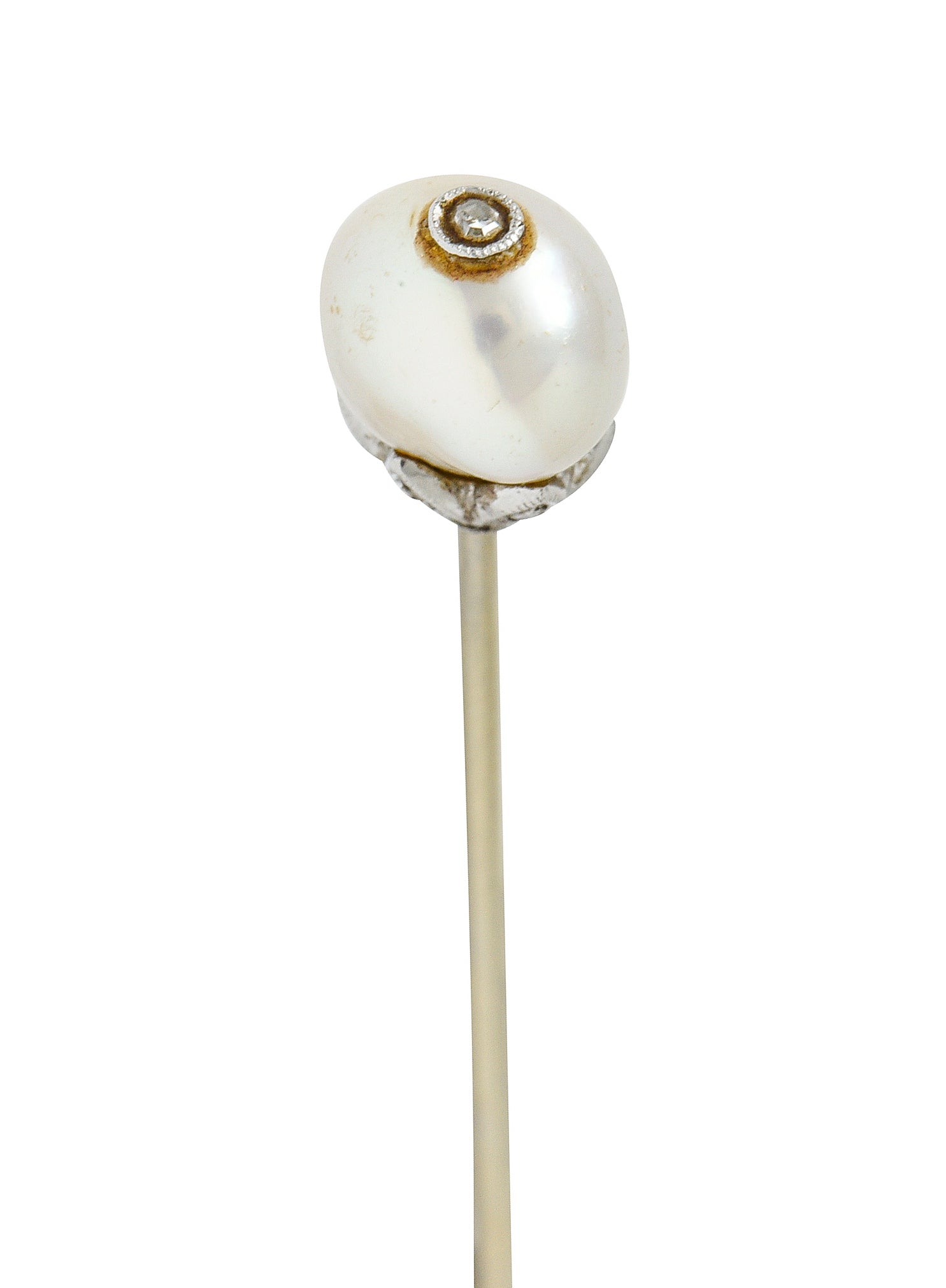 Edwardian Pearl Single Cut Diamond Platinum StickpinStick Pin - Wilson's Estate Jewelry