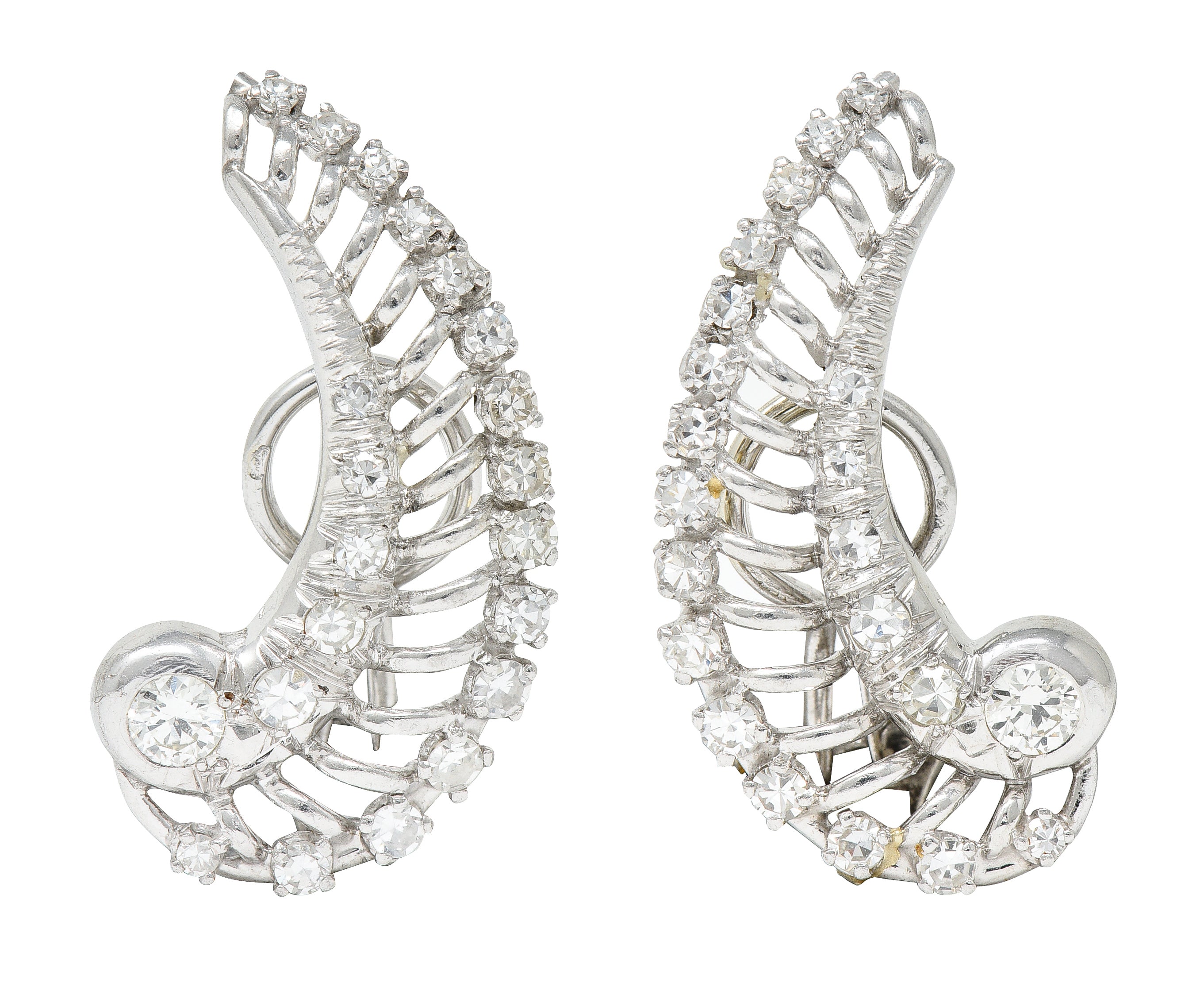 French Mid-Century 1.50 CTW Diamond Platinum Ear-Crawler Earrings Wilson's Estate Jewelry