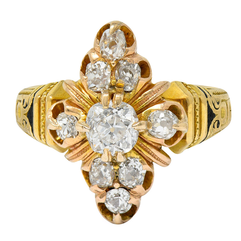 Art Deco 1.00 CTW Diamond Enamel 18 Karat Gold Navette Cluster RingRing - Wilson's Estate Jewelry